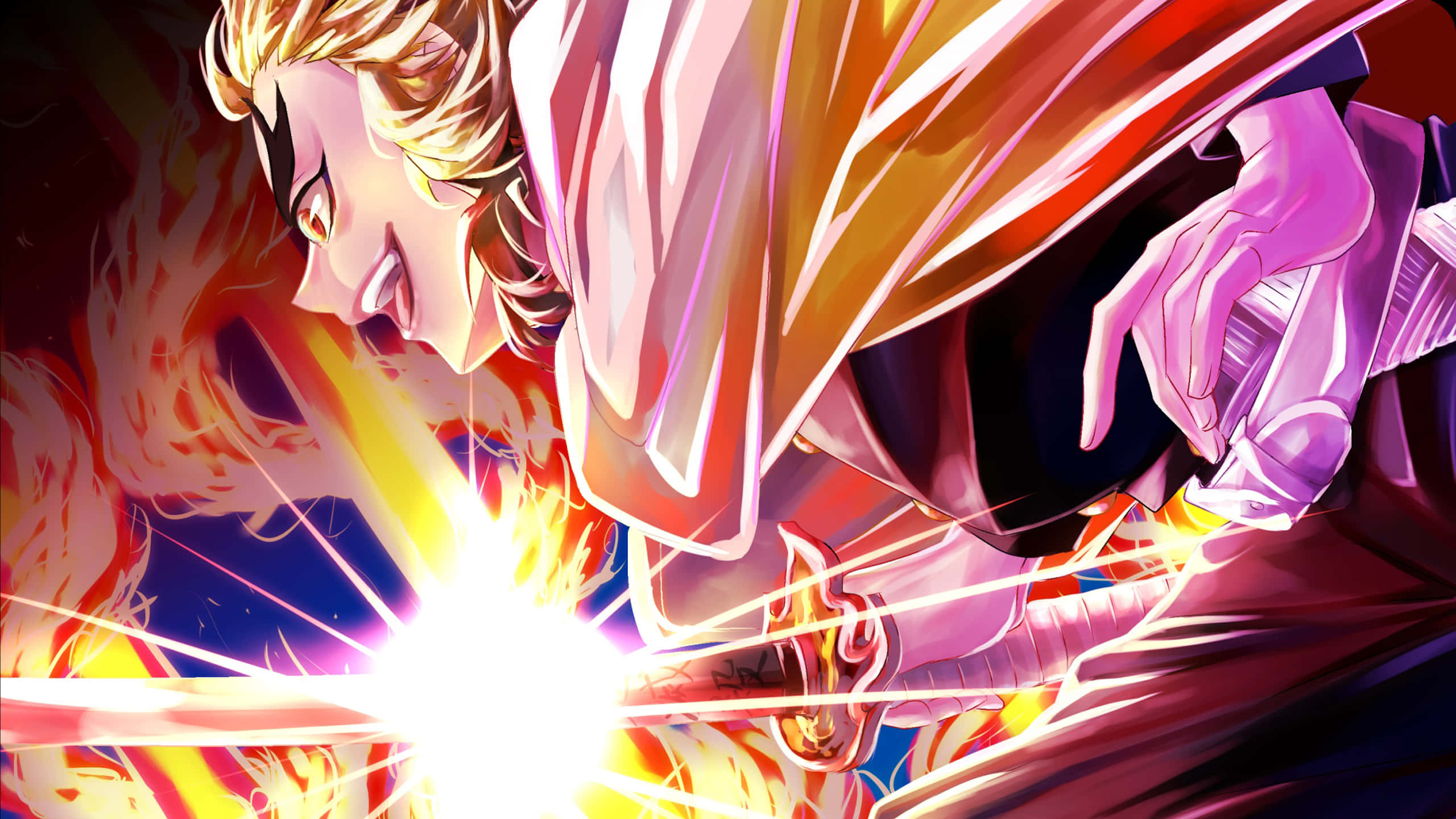 Rengoku Sword, golden hair, glowing sword, 2K Desktop Wallpaper