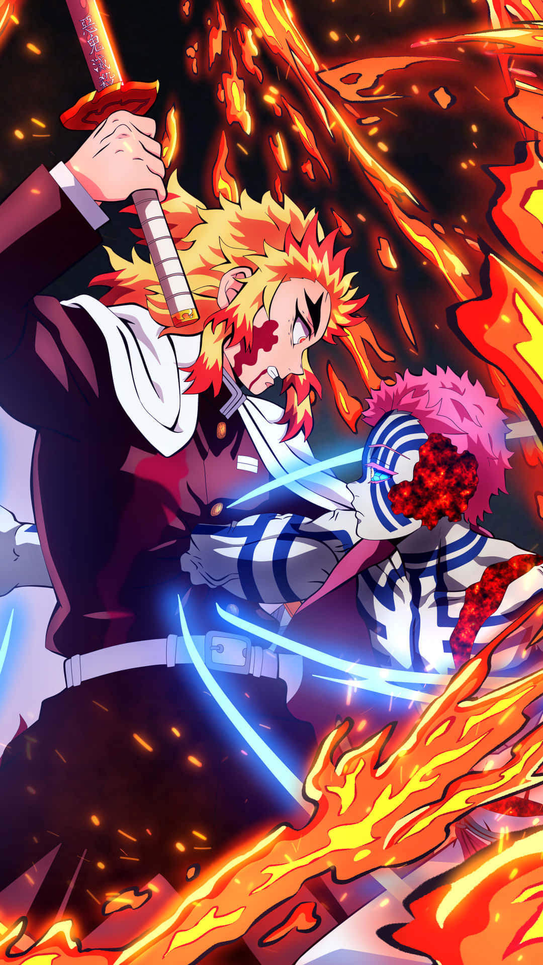 Rengoku, fiery-haired anime warrior, glowing sword, Full HD Phone Wallpaper