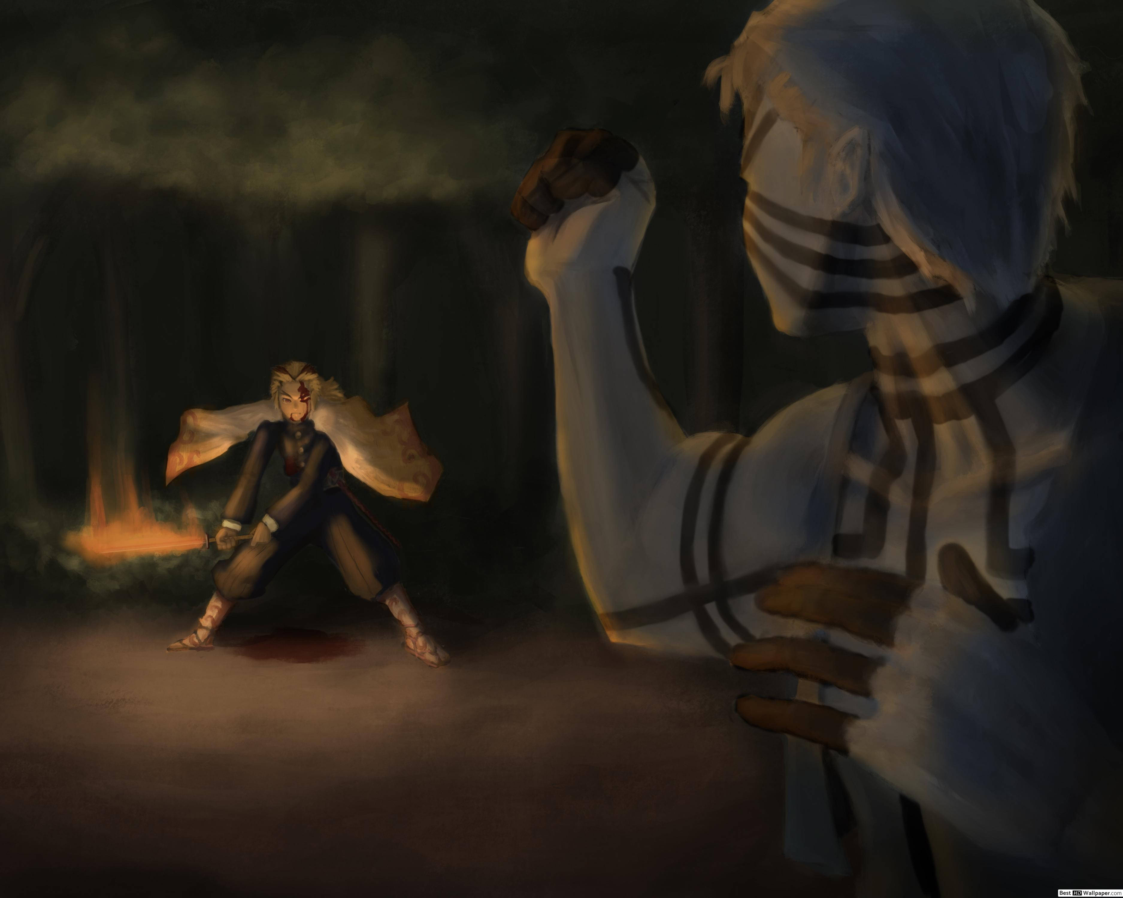 Rengoku, Akaza, dark forest, 2K Desktop Wallpaper