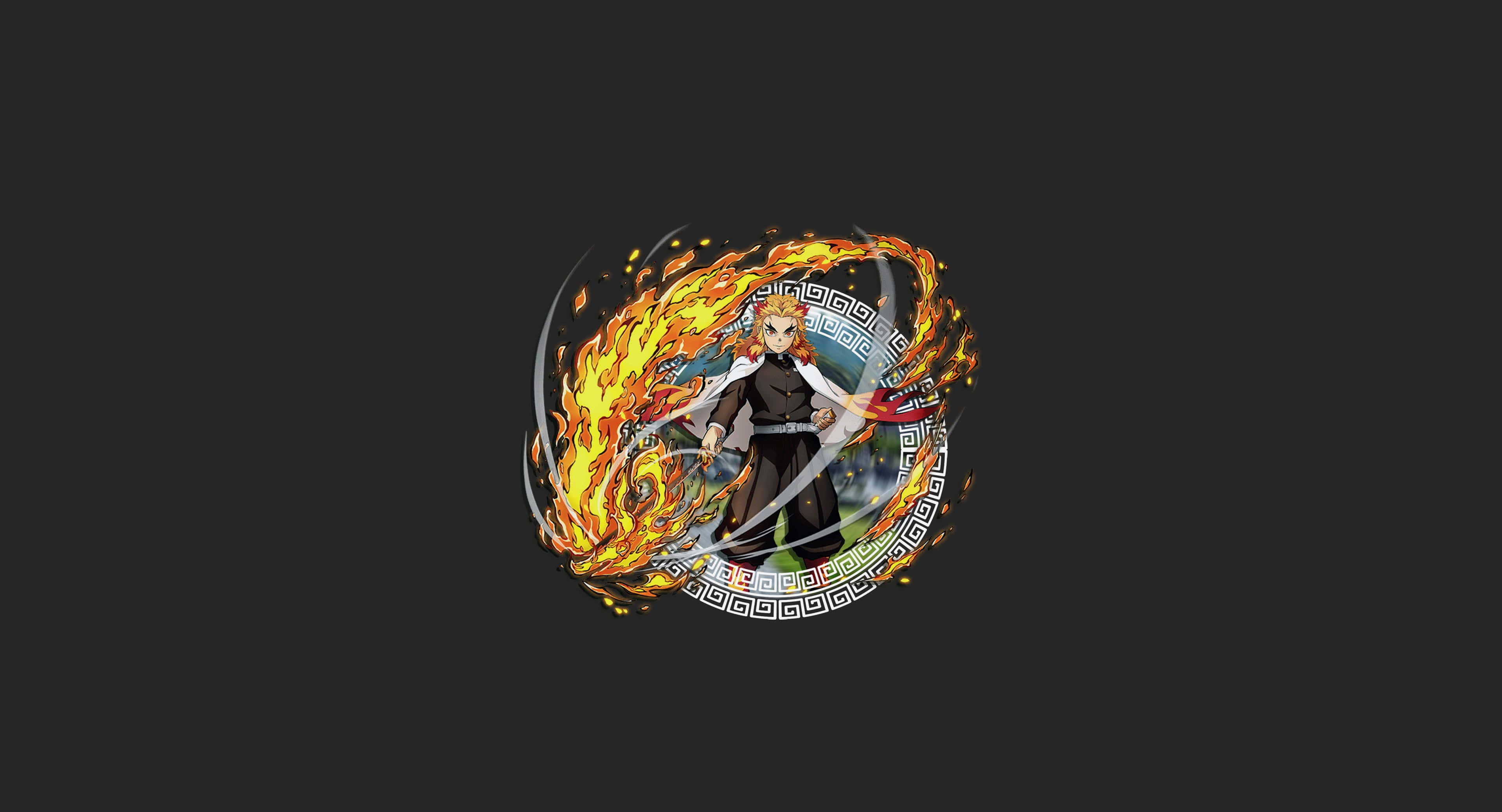 Rengoku, fiery orange hair, black outfit, 2K Desktop Wallpaper