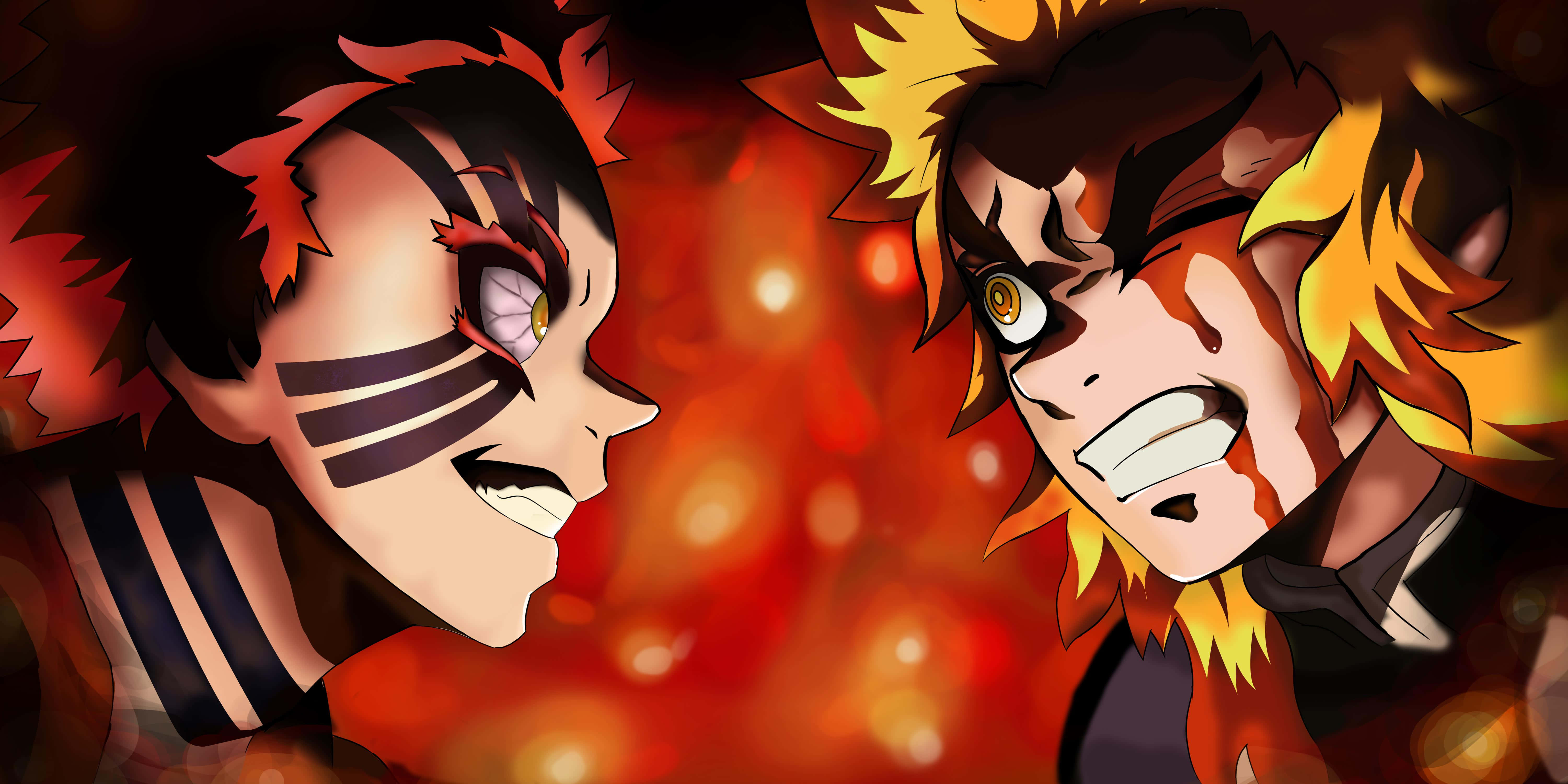 Rengoku, Akaza, fiery hair, 5K Desktop Wallpaper