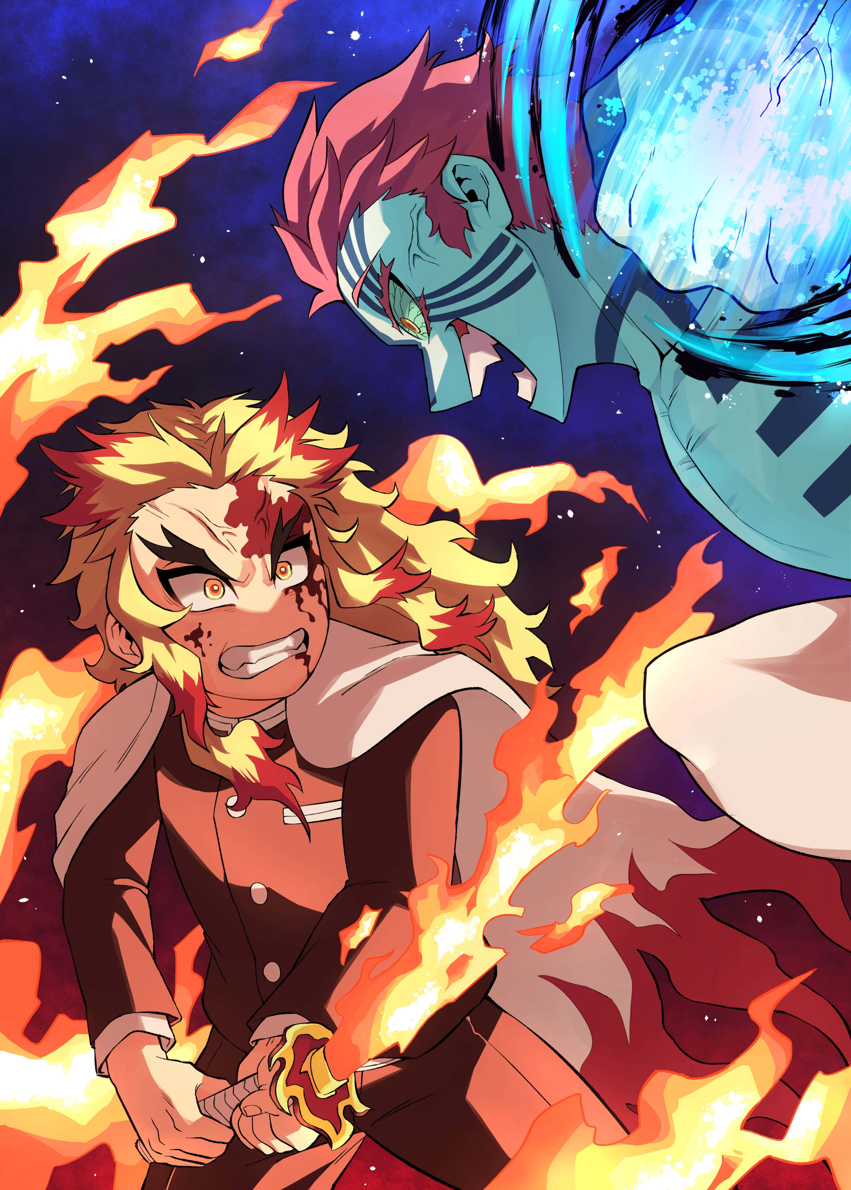 Rengoku, Akaza, flaming sword, 4K Phone Wallpaper