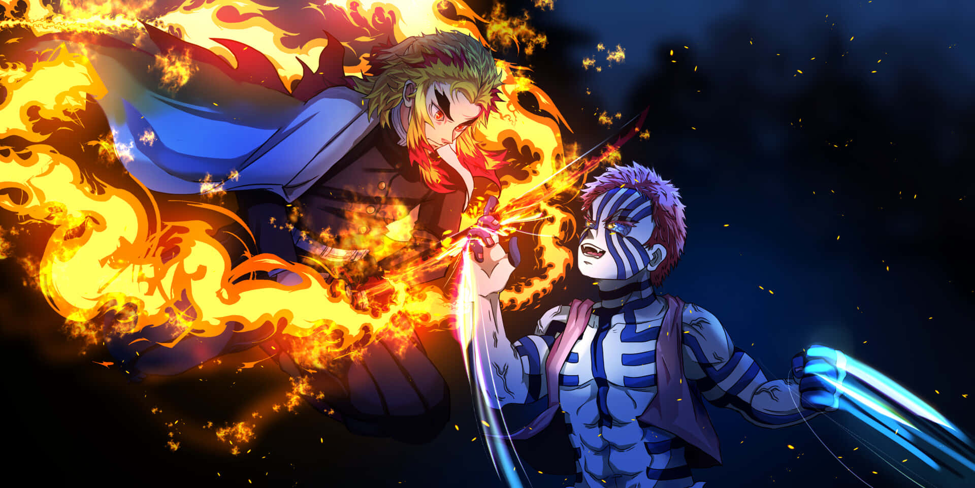 Rengoku, Akaza, glowing swords, Full HD Desktop Wallpaper