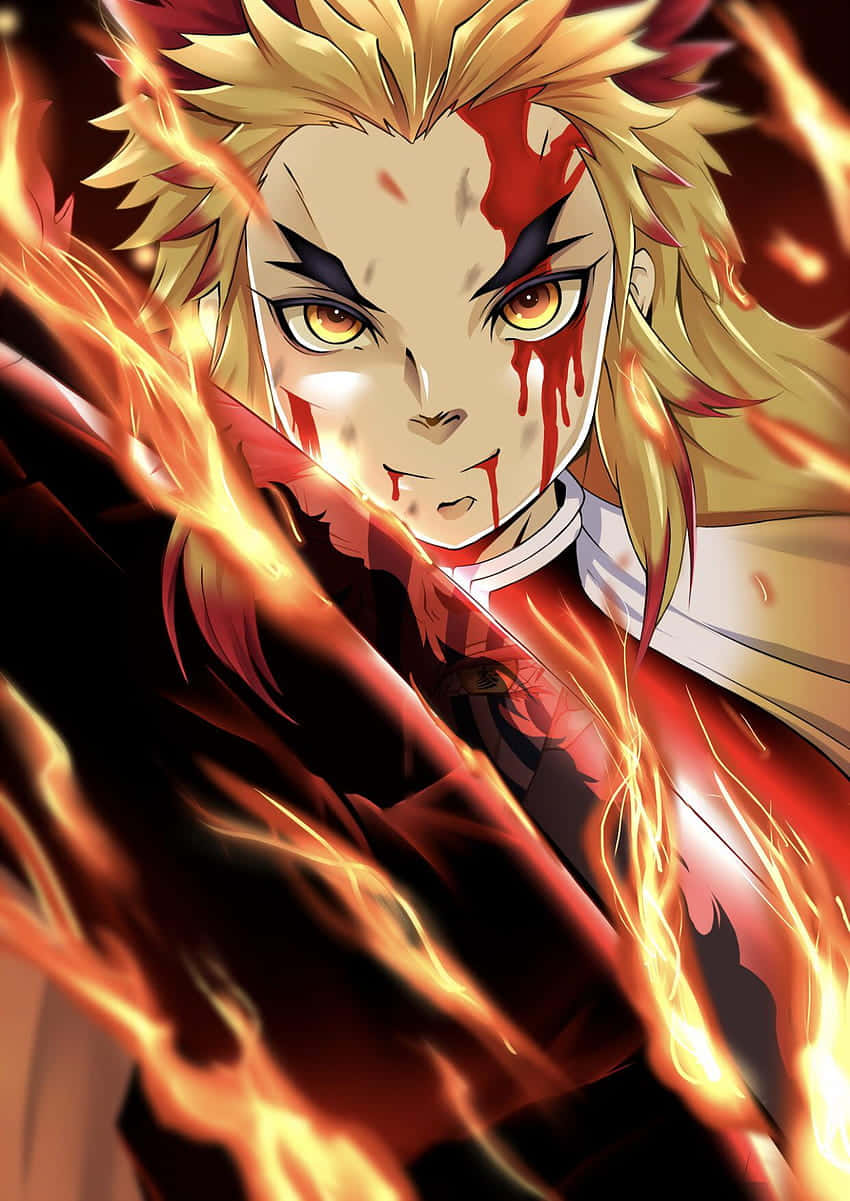 Rengoku, flaming sword, spiky blonde hair, SD Phone Wallpaper