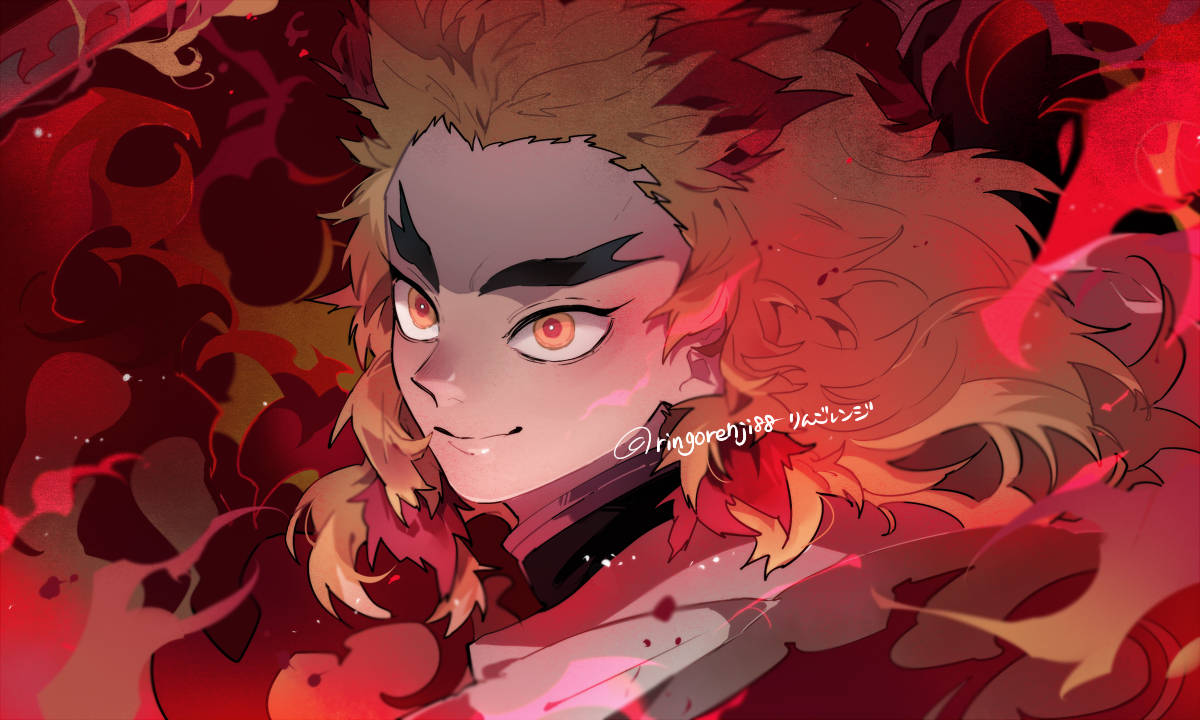 Rengoku, neon flames, fiery-haired, SD Desktop Wallpaper