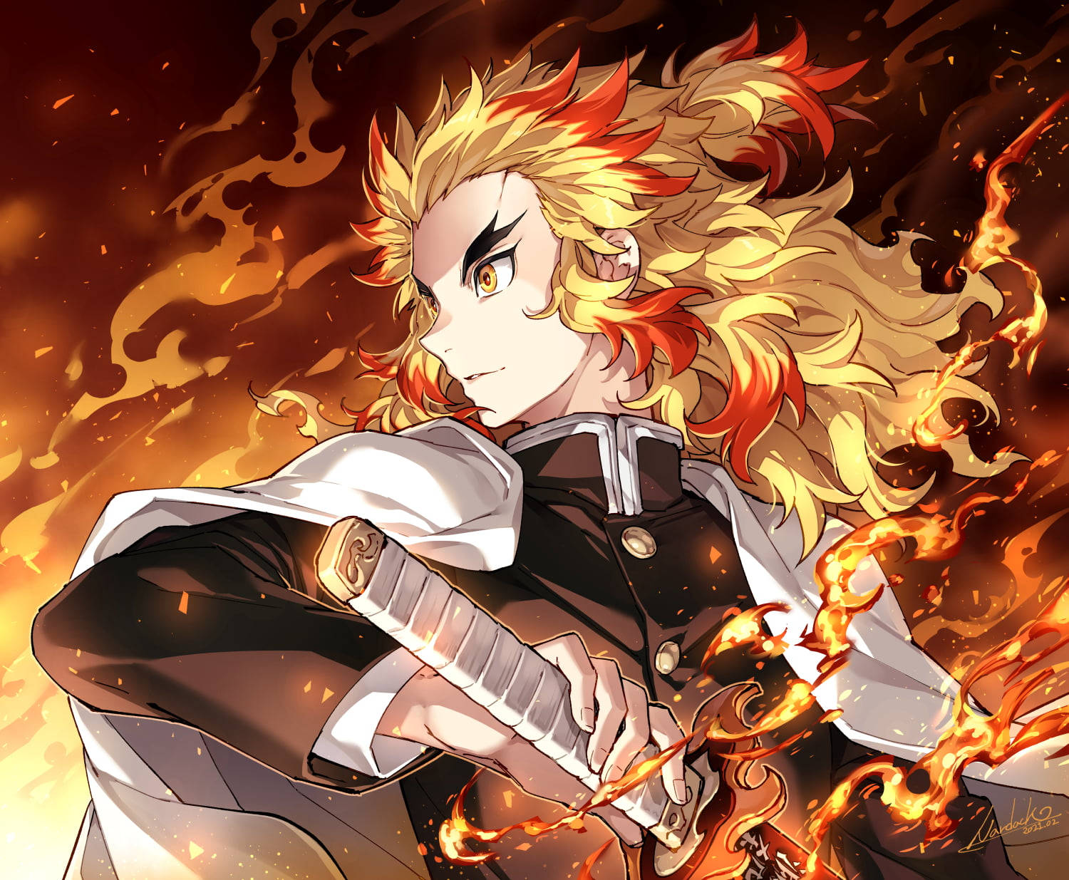 Rengoku, fiery-haired anime warrior, flaming sword, HD Desktop Wallpaper