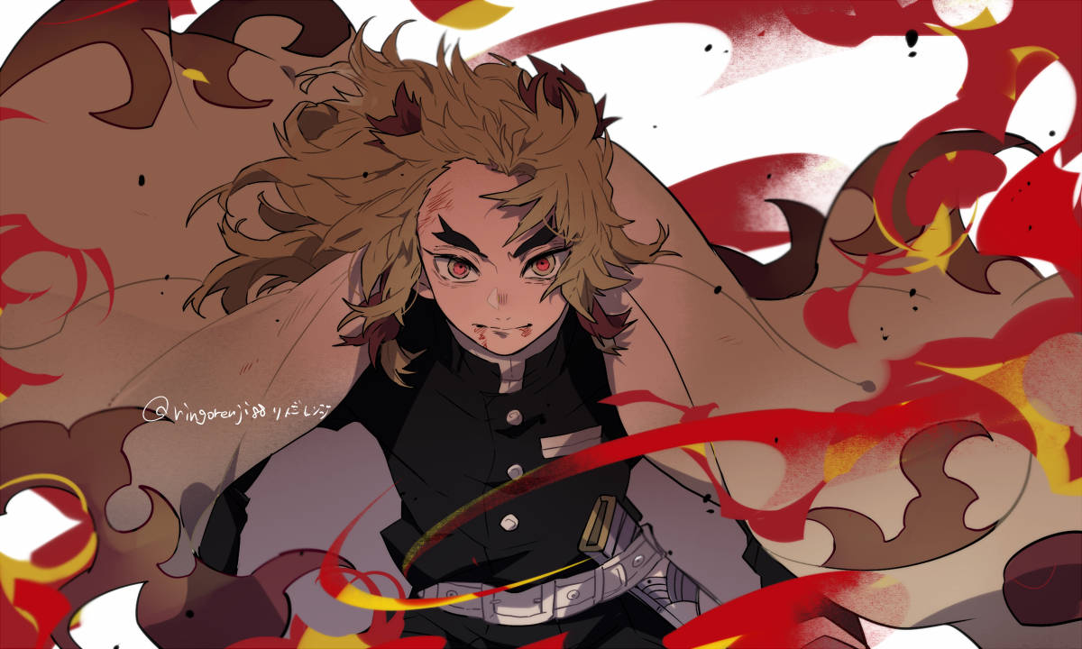 Rengoku, fiery-haired anime warrior, red eyes, SD Desktop Wallpaper