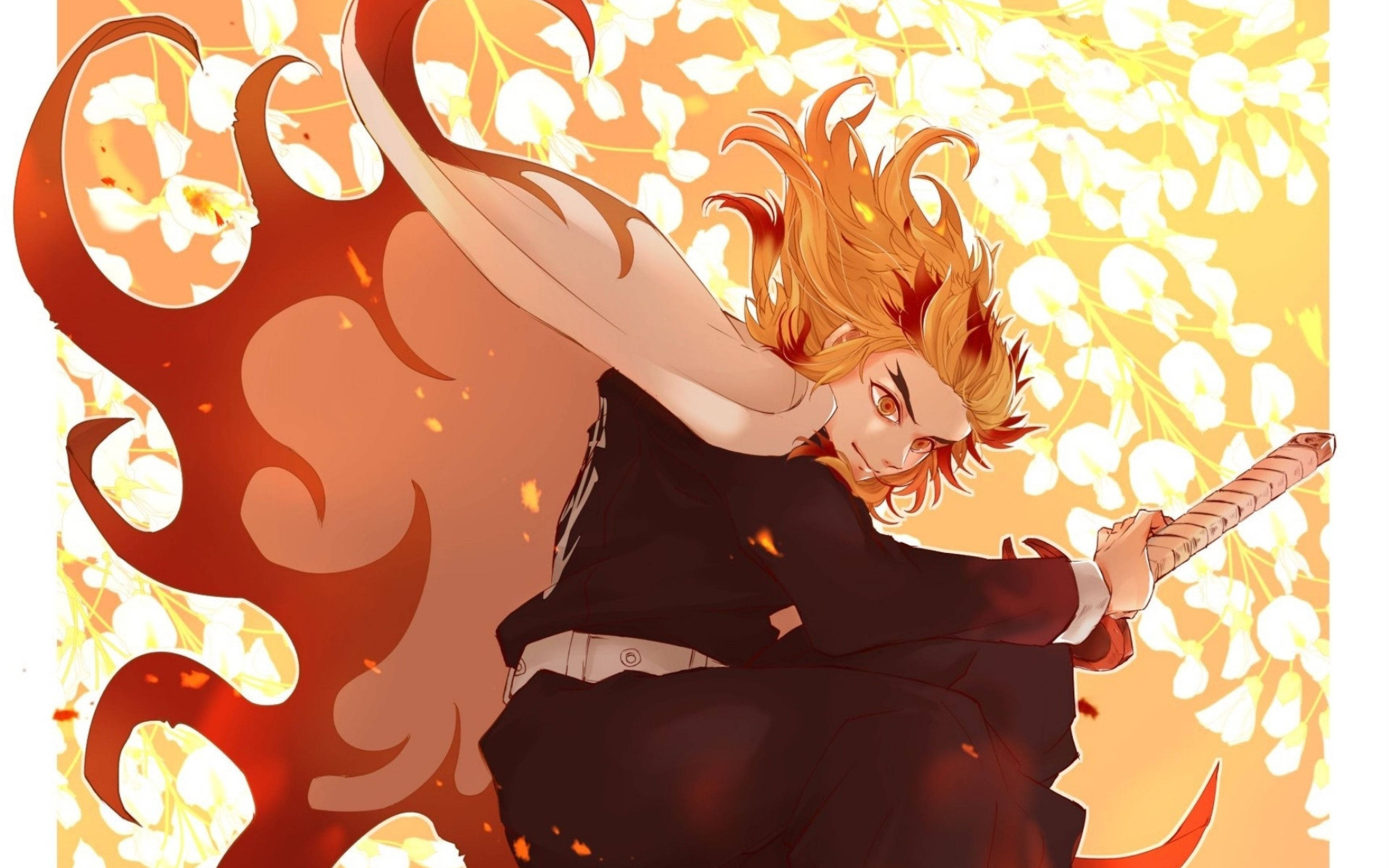 Rengoku, white flowers, fiery-haired anime warrior, 4K Desktop Wallpaper