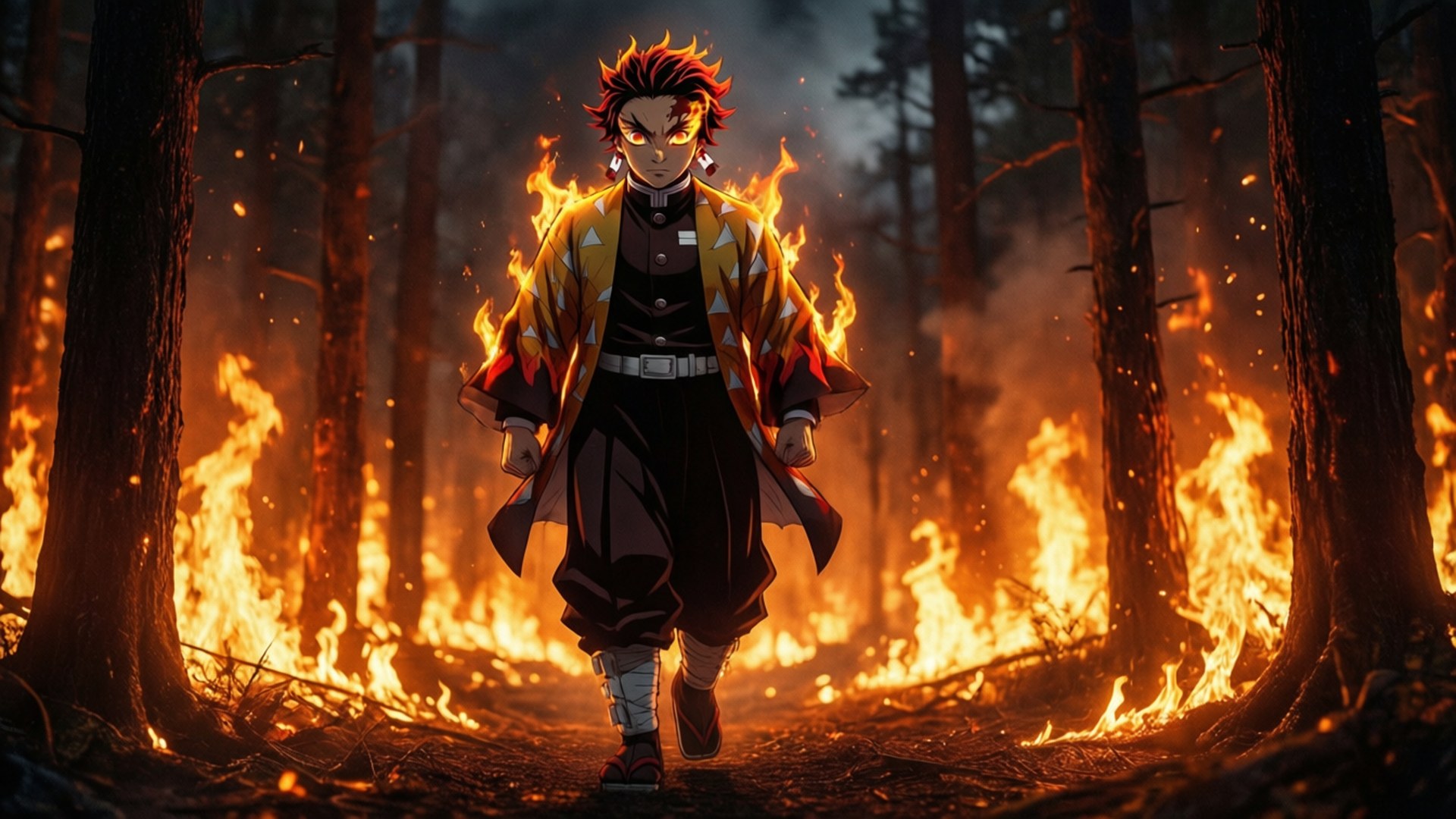 Rengoku, fiery-haired anime warrior, flame-patterned coat, Full HD Desktop Wallpaper