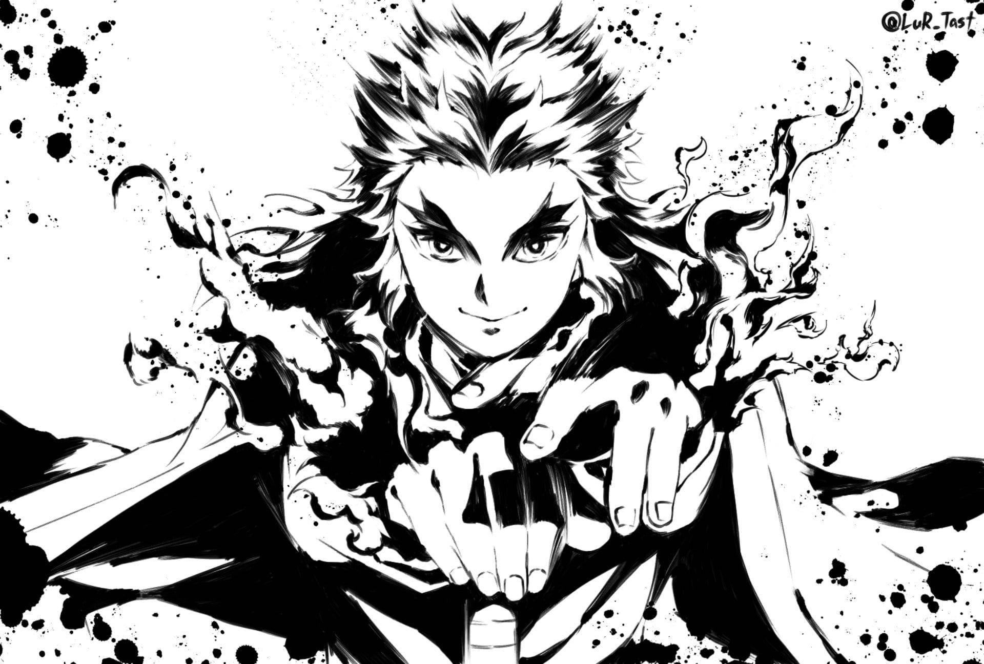 Rengoku, black and white, spiky hair, Full HD Desktop Wallpaper