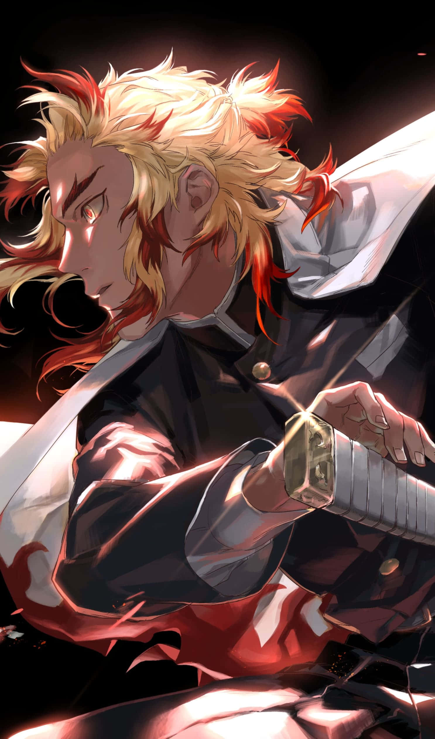 Rengoku, fiery-haired anime warrior, dark uniform, Full HD Phone Wallpaper
