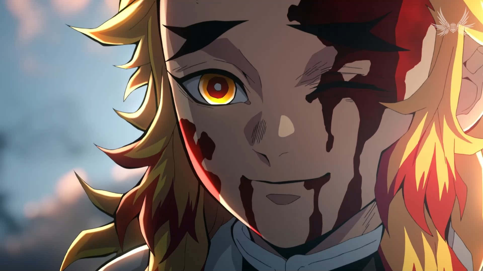 Rengoku, fiery blonde hair, blood streaks, Full HD Desktop Wallpaper