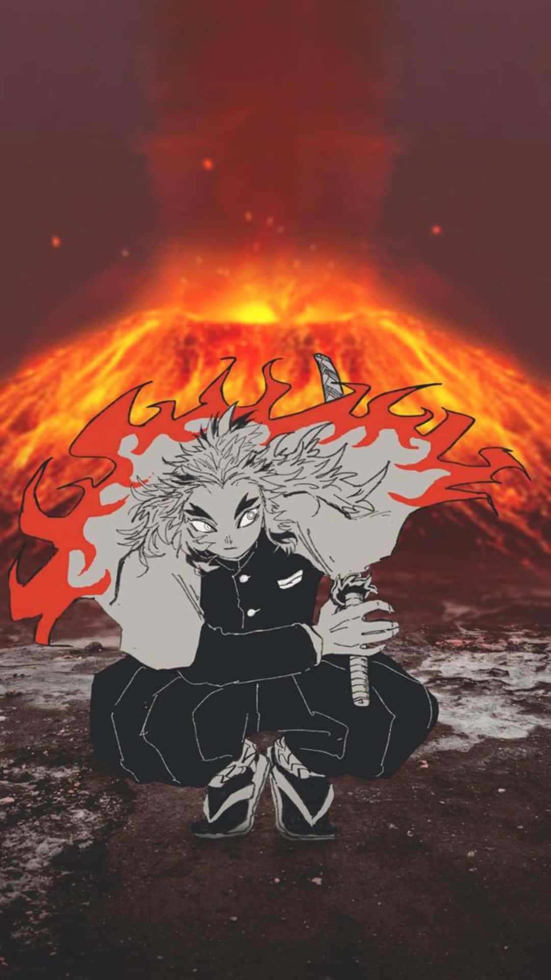Rengoku, fiery-haired anime warrior, blazing volcano, Full HD Phone Wallpaper
