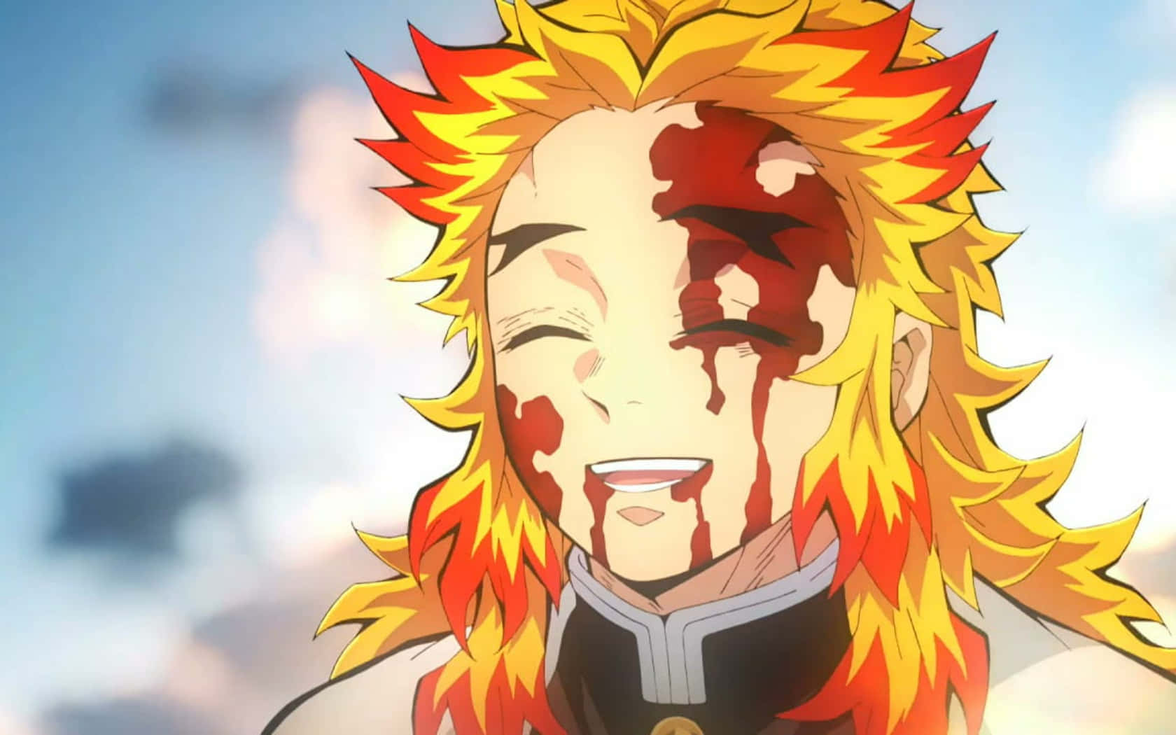 Rengoku, spiky golden hair, blood streaking his face, HD Desktop Wallpaper