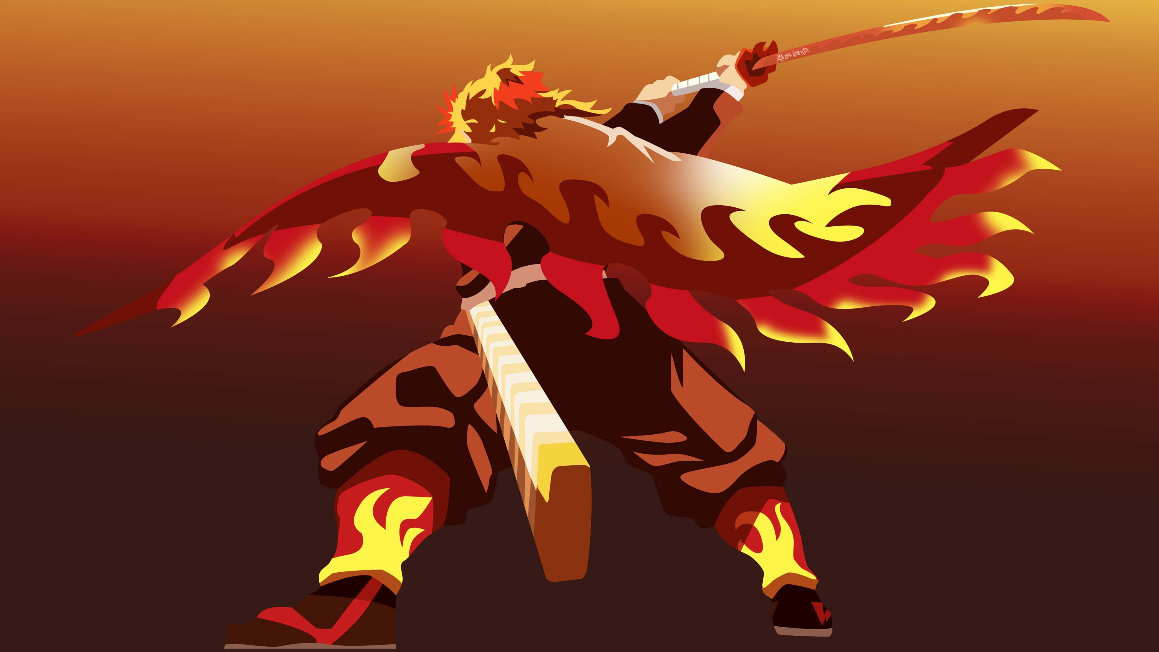 Rengoku, flame-patterned cloak, sword, 4K Desktop Wallpaper