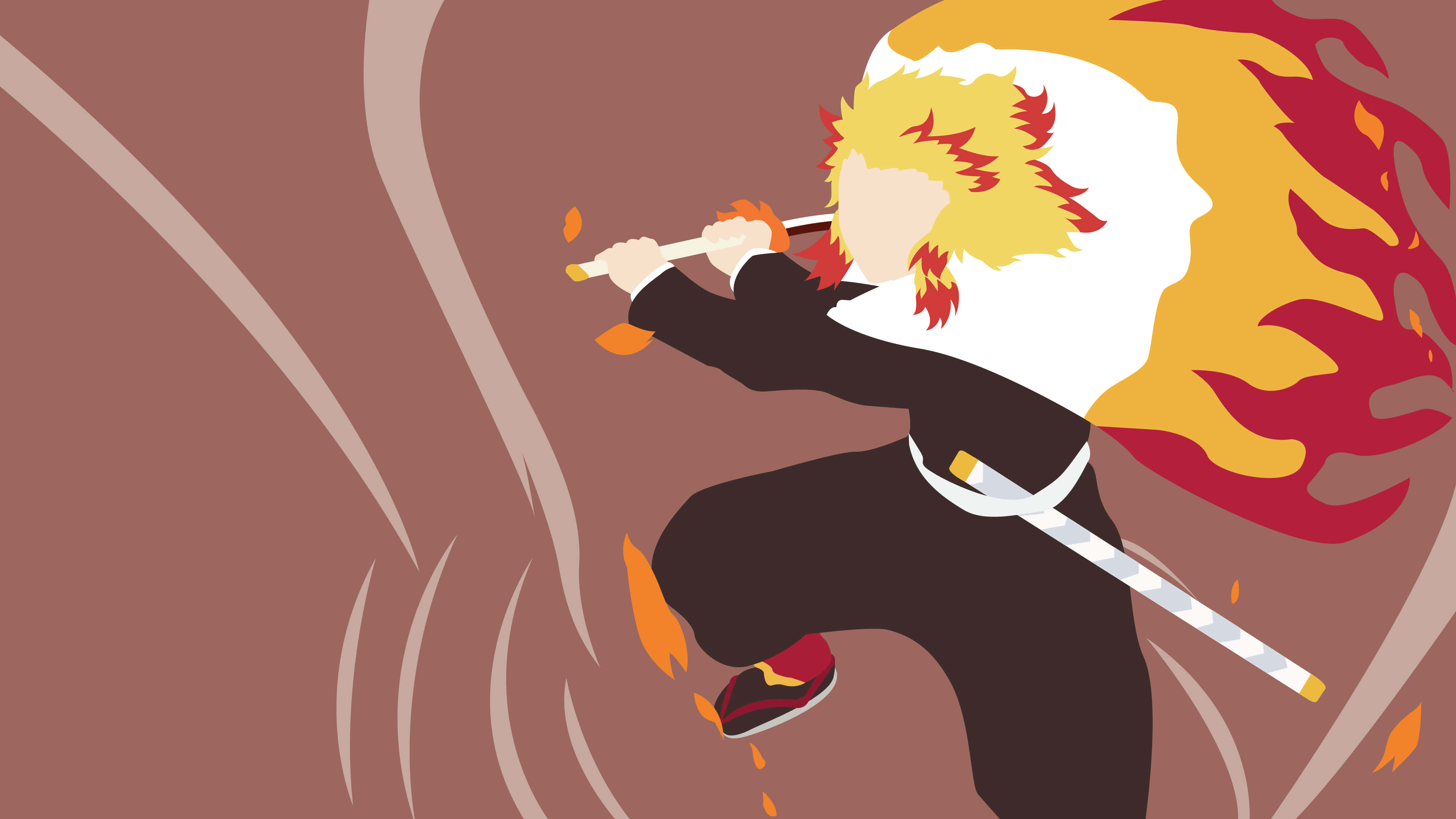 Rengoku, fiery-haired anime warrior, black uniform, 4K Desktop Wallpaper