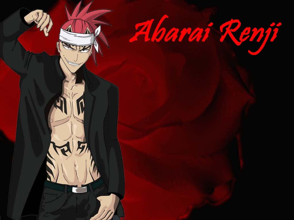 Renji Abarai, dark red rose background, red script, SD Desktop Wallpaper
