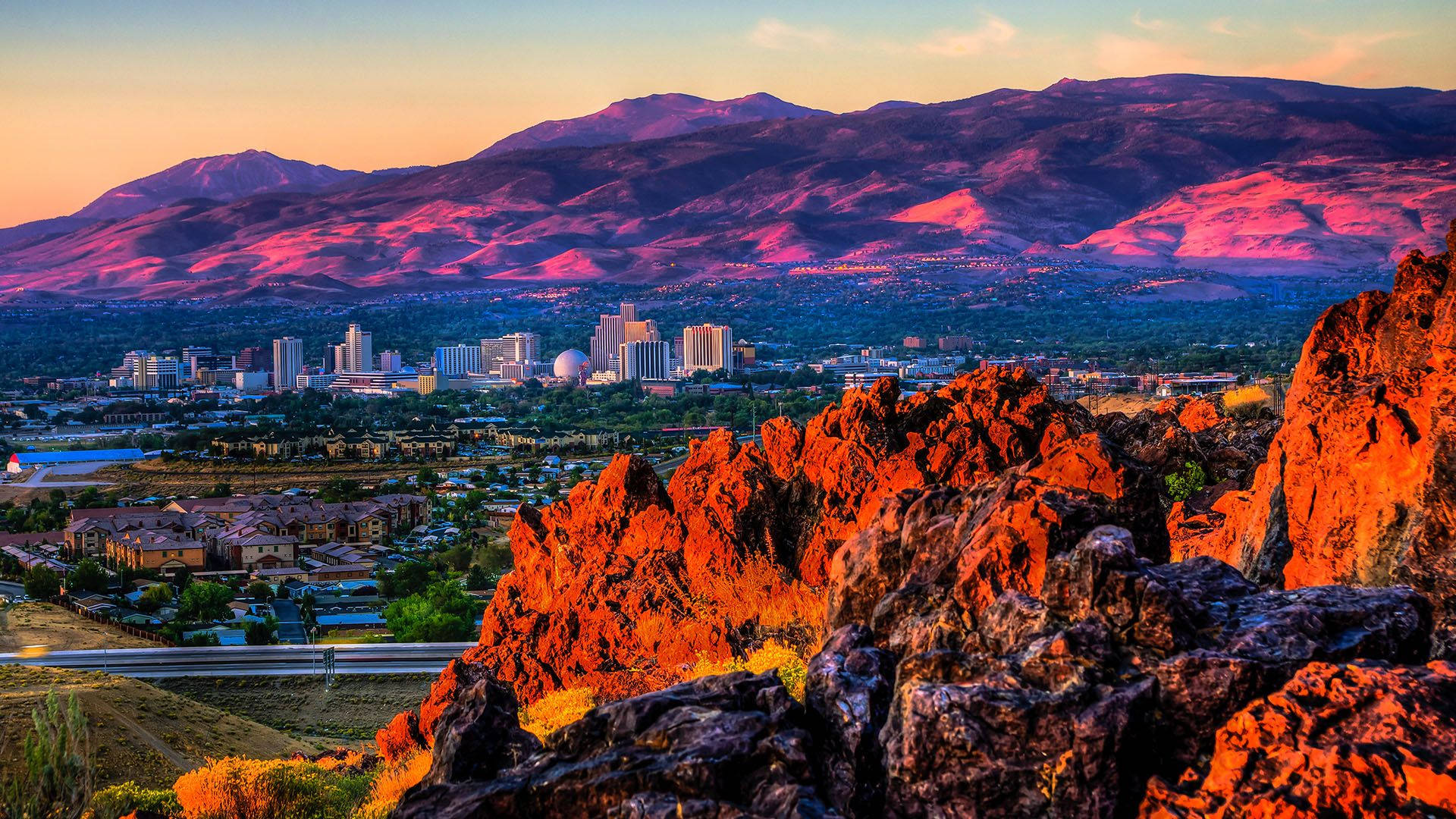 Reno, sunset, jagged red rocks, Full HD Desktop Wallpaper