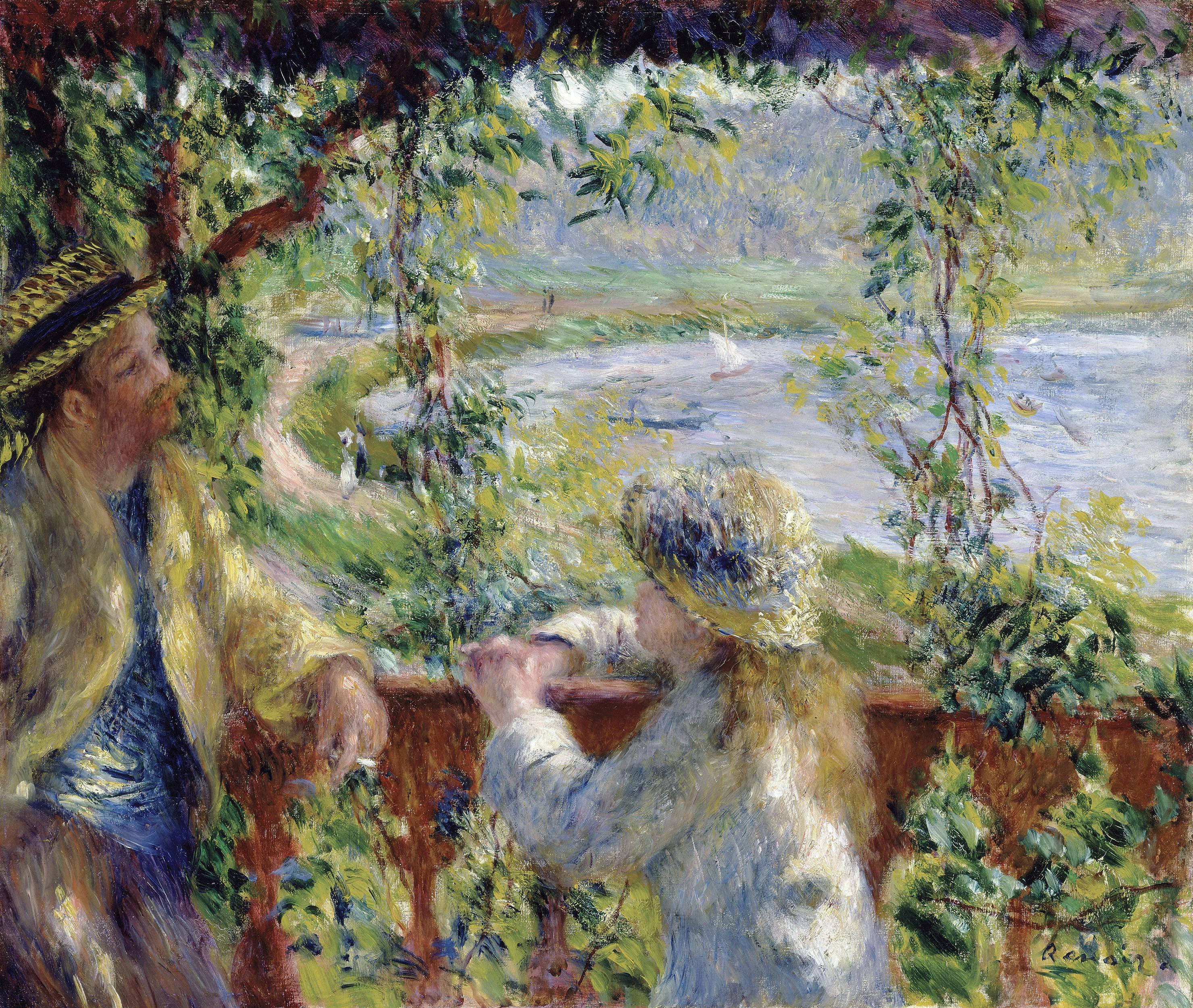 Renoir, straw hats, leafy balcony, 2K Desktop Wallpaper