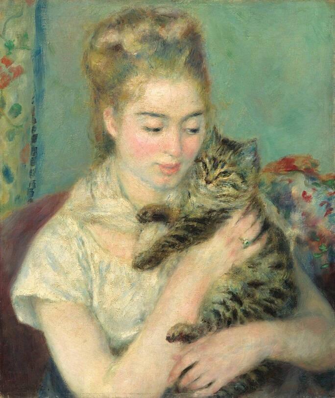 Renoir, tabby cat, soft white blouse, SD Phone Wallpaper