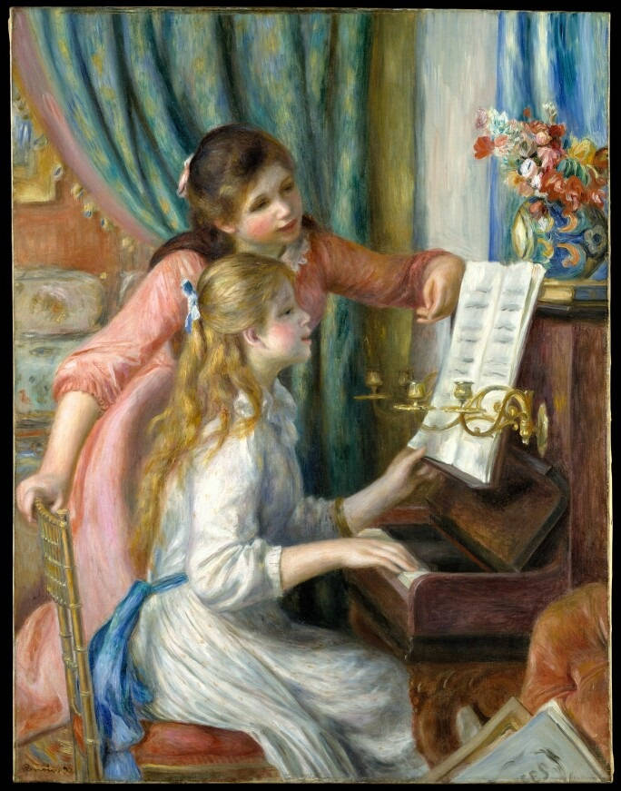 Renoir, two young girls, piano, SD Phone Wallpaper