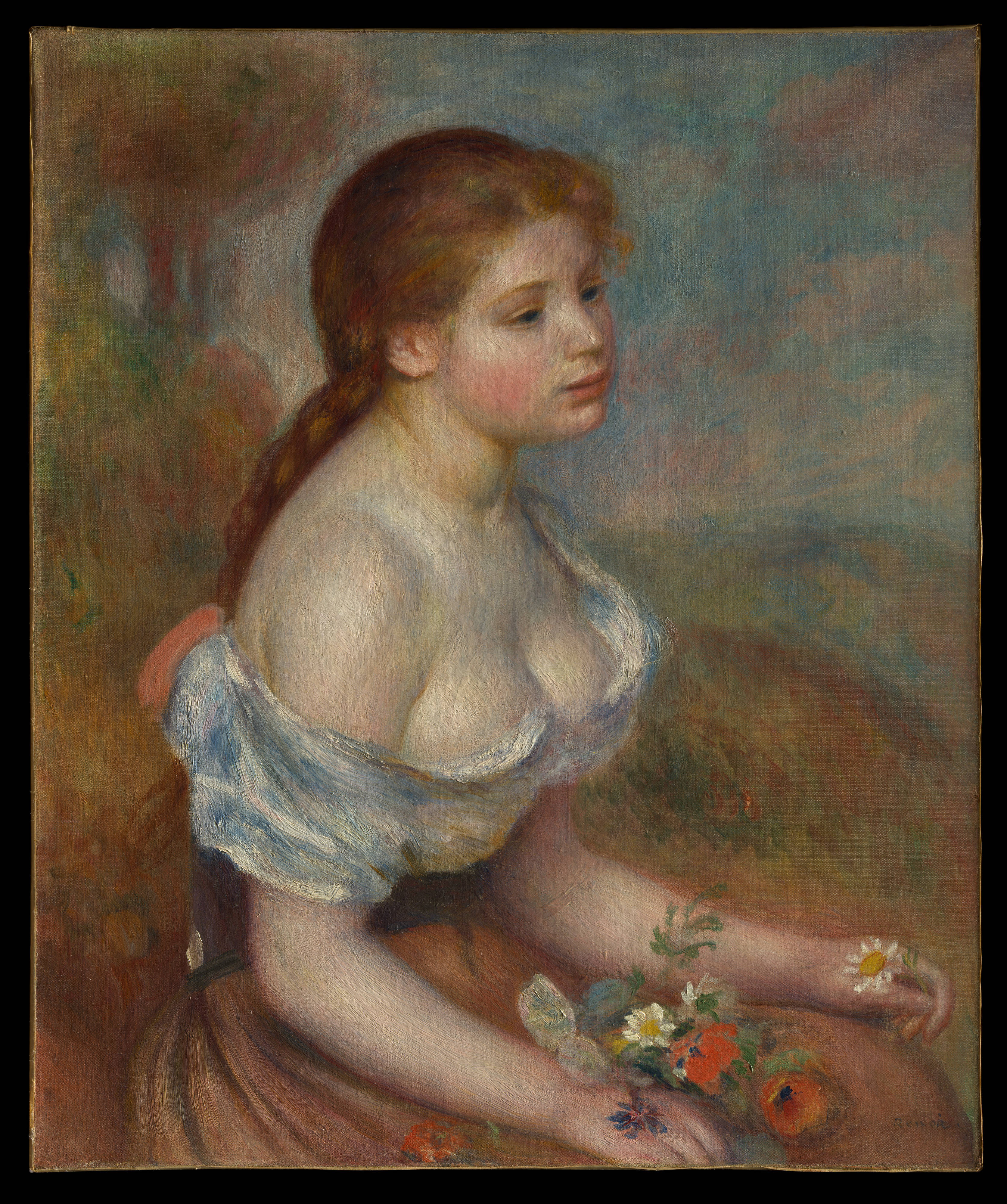 Renoir, young woman, braided red hair, 4K Phone Wallpaper