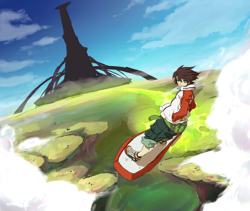 Renton Thurston, red hoverboard, vibrant green landscape, SD Desktop Wallpaper
