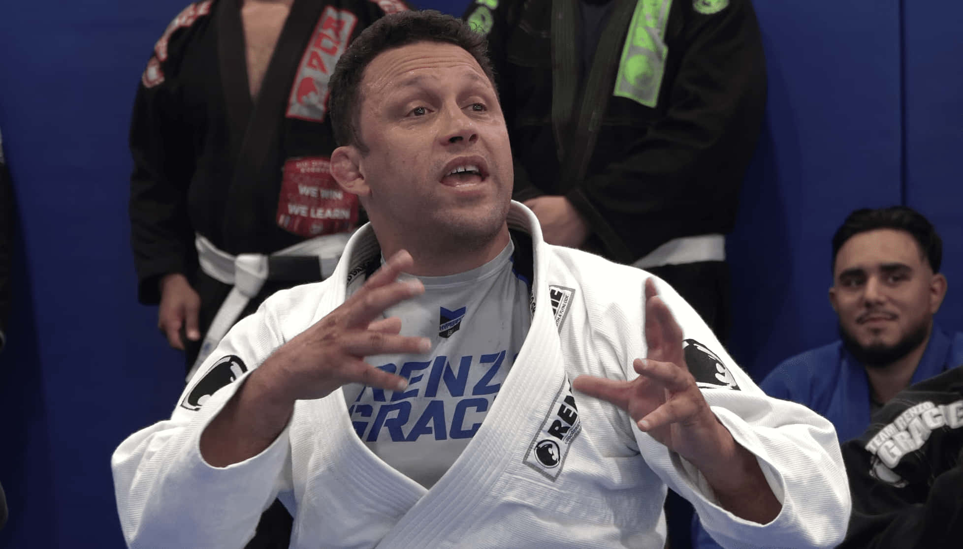 Renzo Gracie, white gi, blue-walled training room, Full HD Desktop Wallpaper