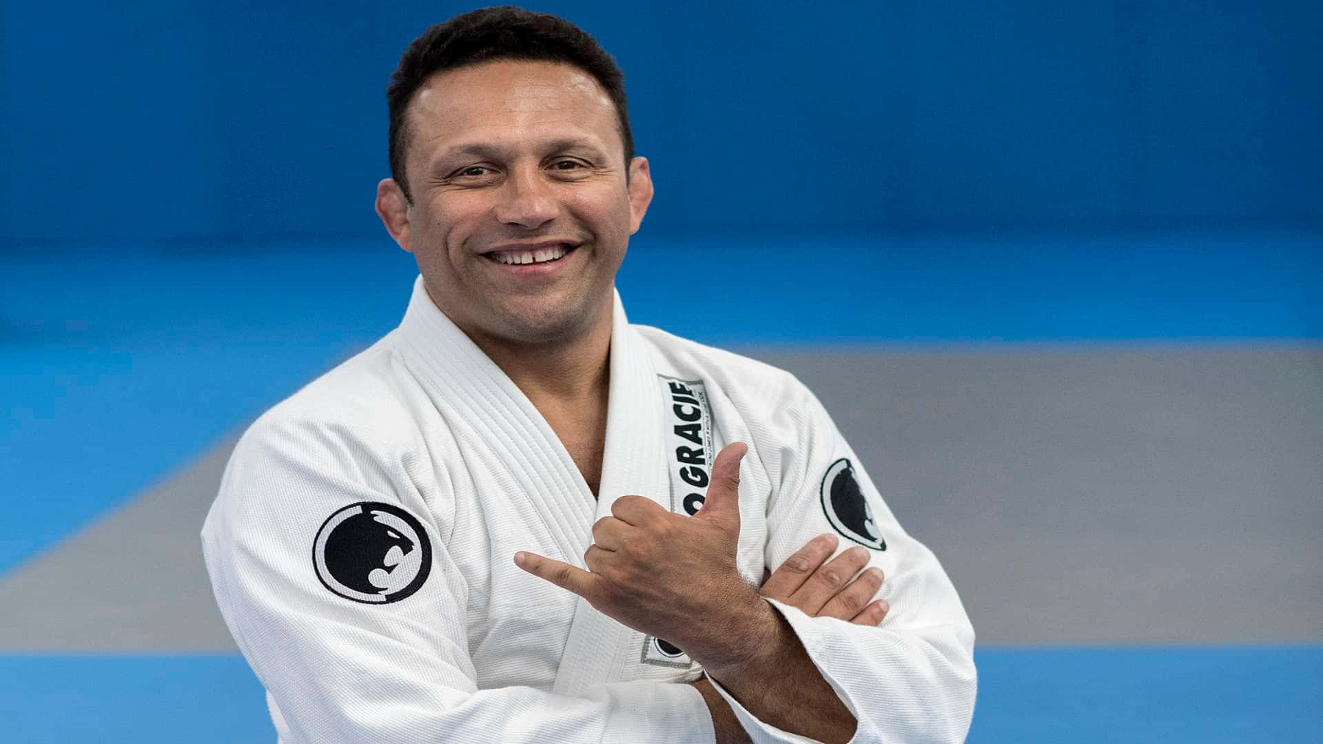Renzo Gracie, white judo gi, blue and gray mat, Full HD Desktop Wallpaper