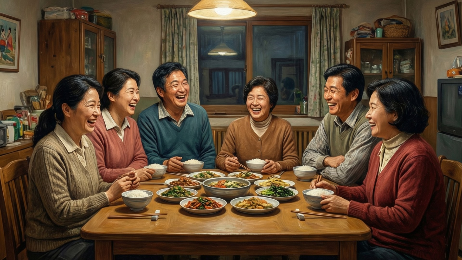 family dinner, wooden table, colorful Korean dishes, Full HD Desktop Wallpaper