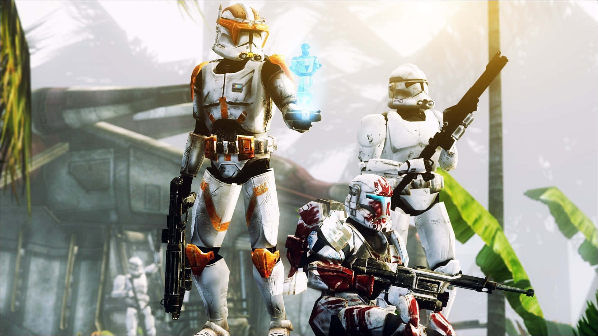 Republic Commando, white and orange armor, tropical jungle, Full HD Desktop Wallpaper