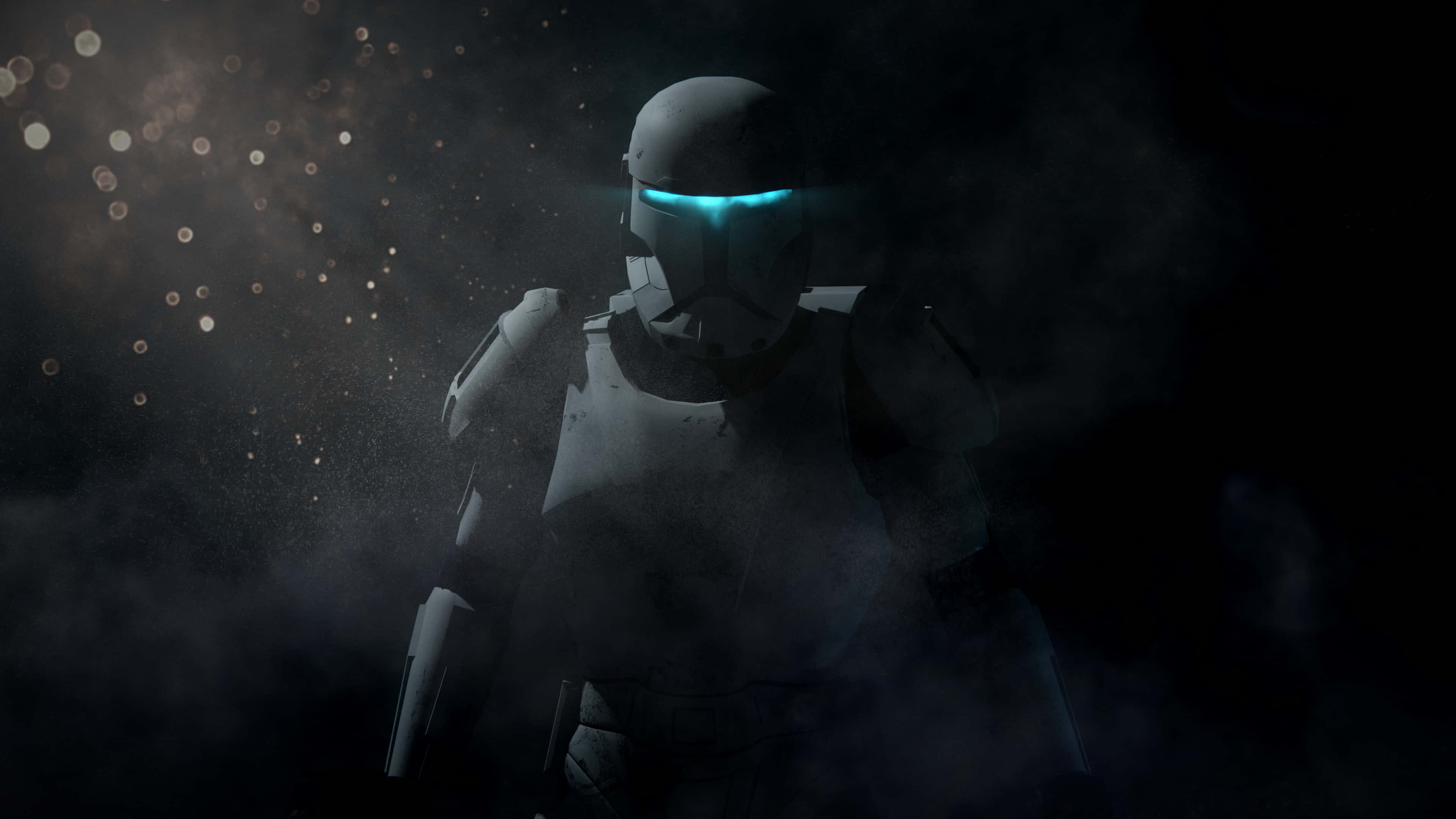 Republic Commando, glowing blue eyes, smoky darkness, 4K Desktop Wallpaper