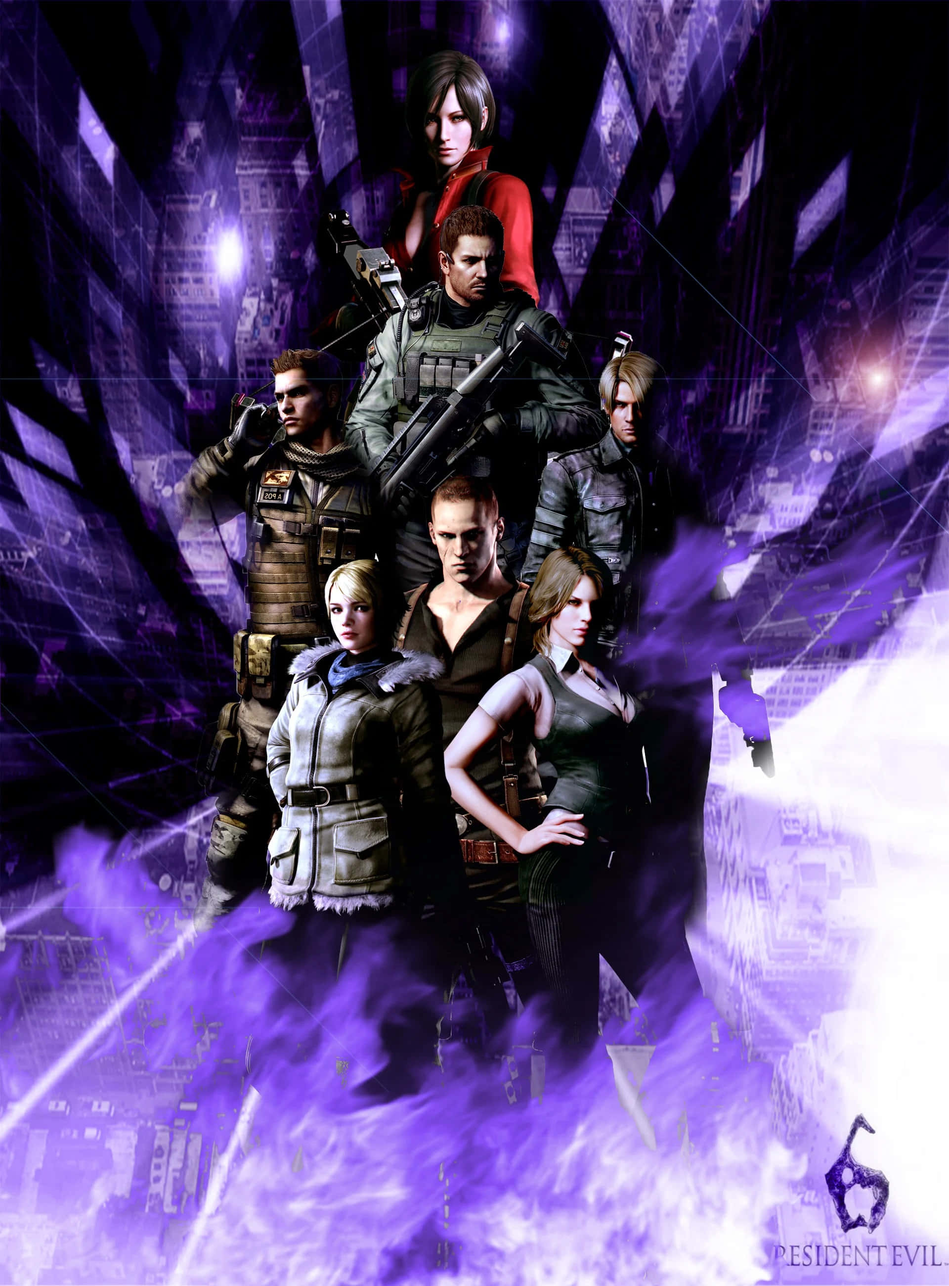 Resident Evil 2 Phone, seven armed survivors, glowing purple urban ruin, 2K Phone Wallpaper