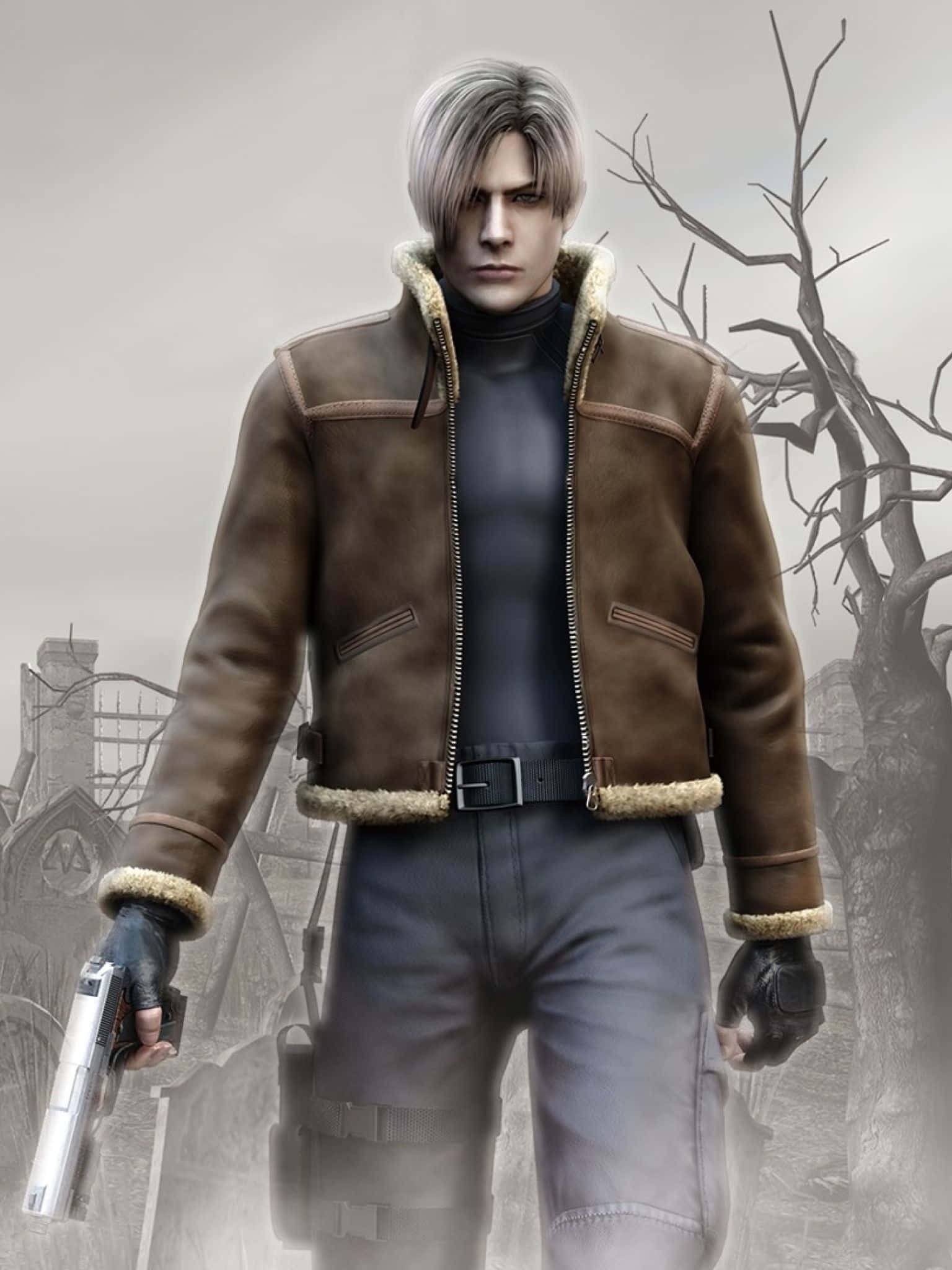 Resident Evil 2, brown shearling jacket, pistol, Full HD Phone Wallpaper