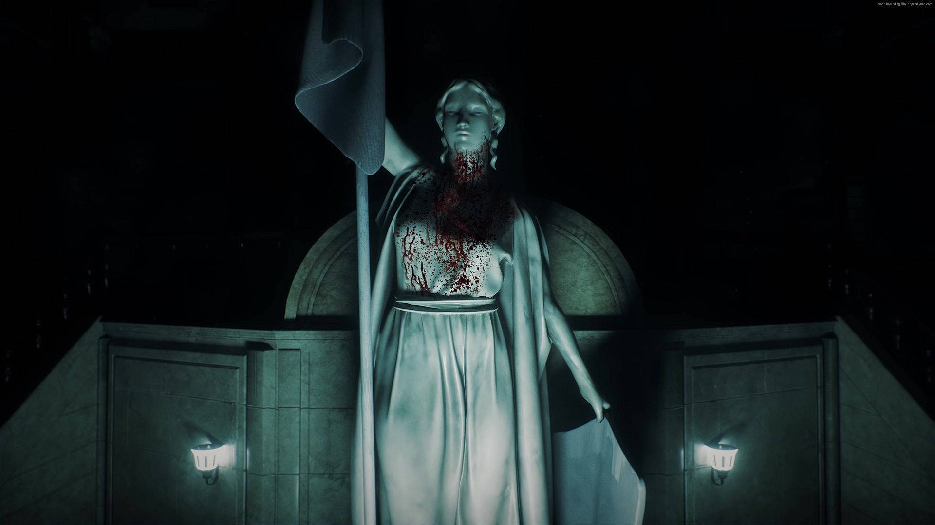 goddess statue, Resident Evil 2 Remake, blood dripping from her neck, Full HD Desktop Wallpaper