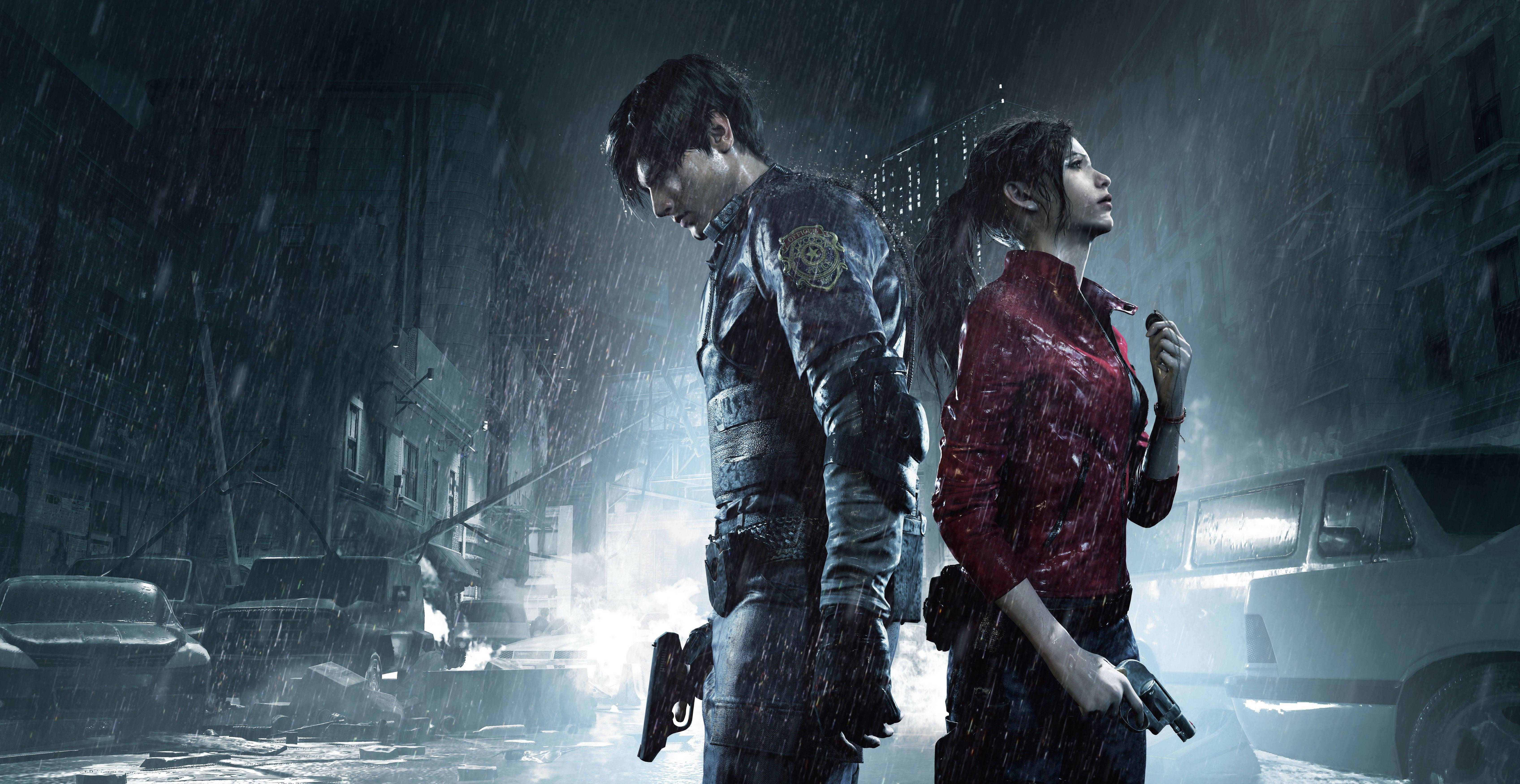 Resident Evil 2 Remake, rain-soaked ruined city street, dim lighting, 5K Desktop Wallpaper