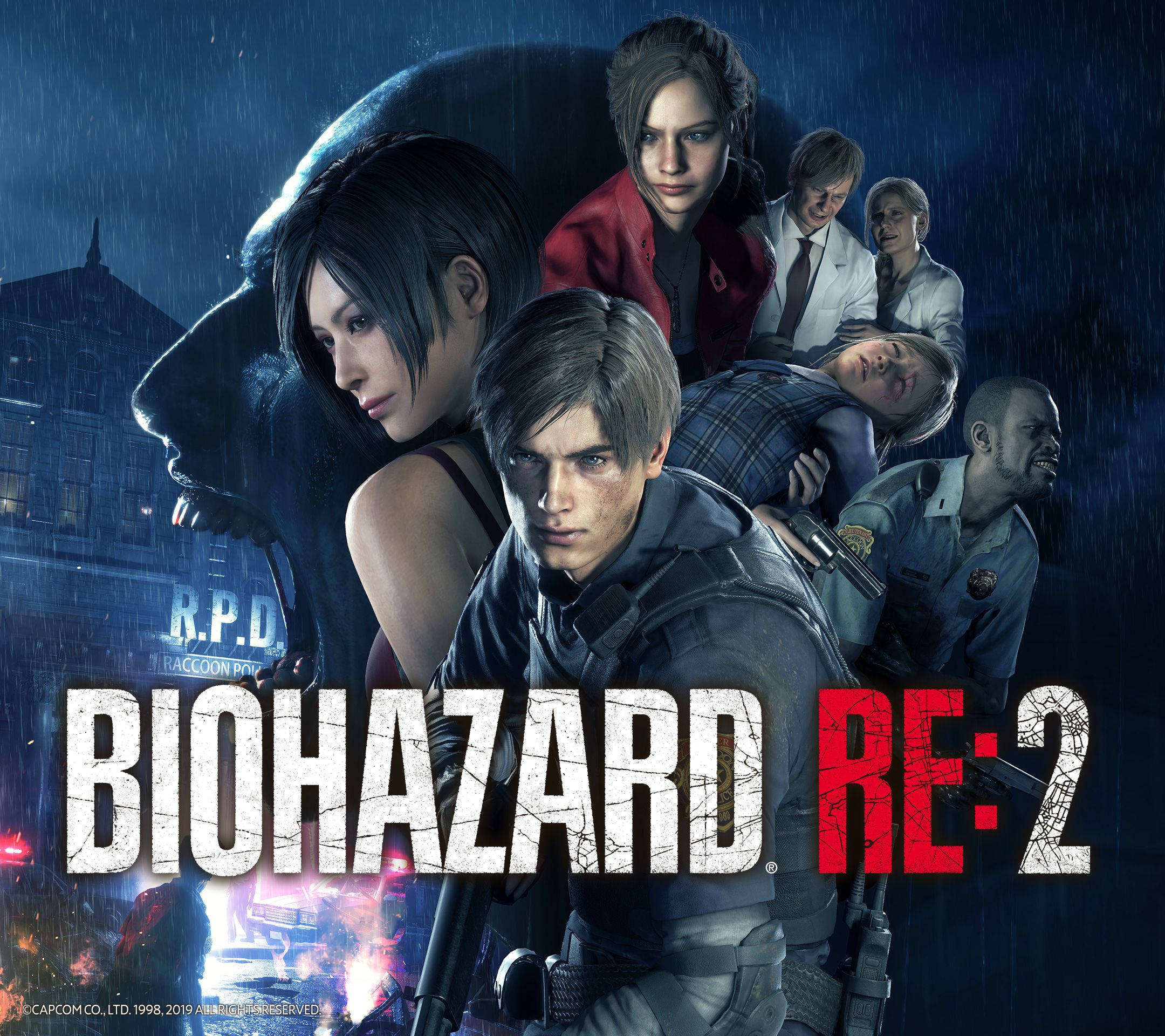 Resident Evil 2, characters, rainy urban night scene, Full HD Desktop Wallpaper