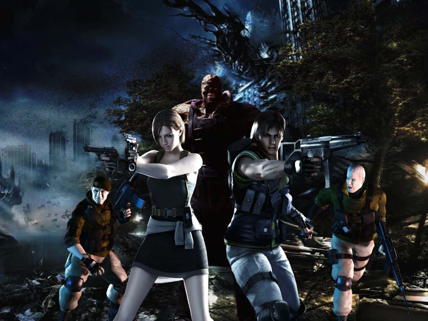 Resident Evil, tactical gear, ruined cityscape, HD Desktop Wallpaper