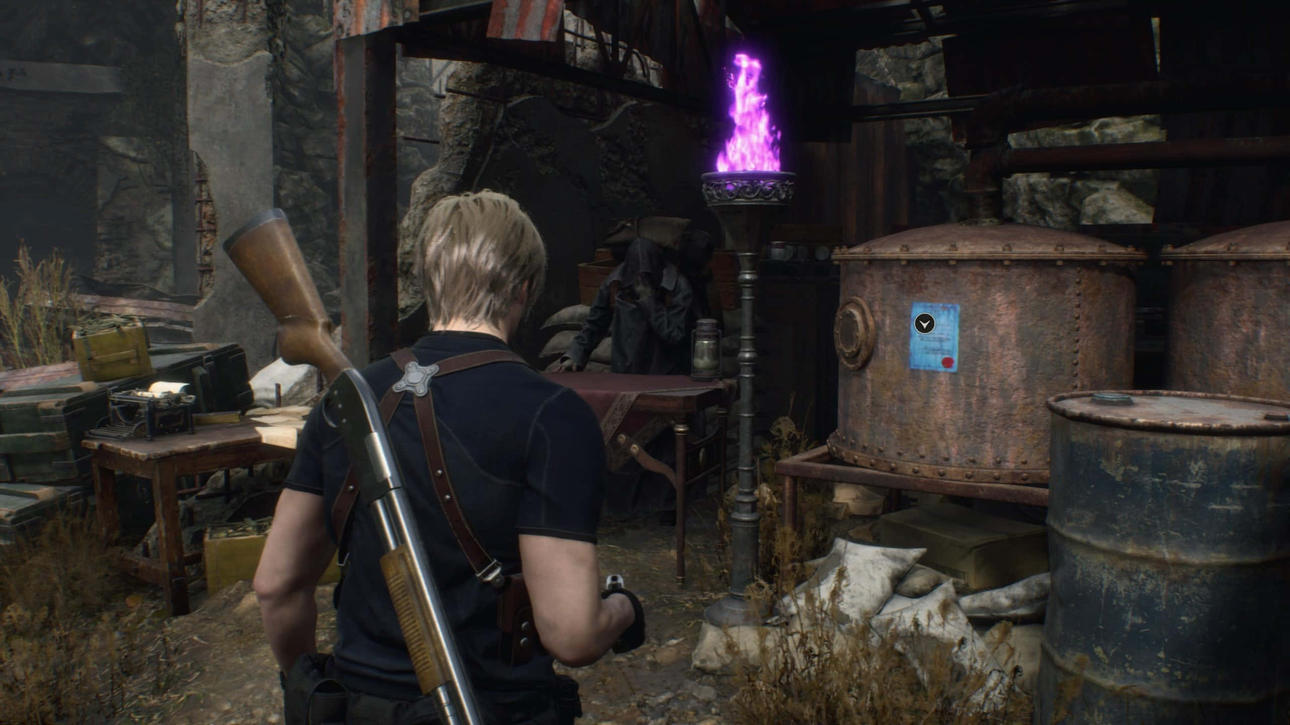 Resident Evil 4 Remake, merchant encounter, blonde hair, 2K Desktop Wallpaper