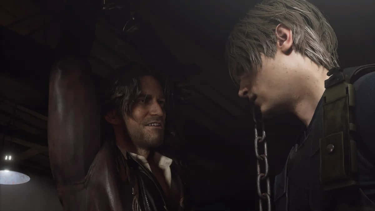 Resident Evil 4 Remake, interrogation scene, dimly lit industrial space, SD Desktop Wallpaper