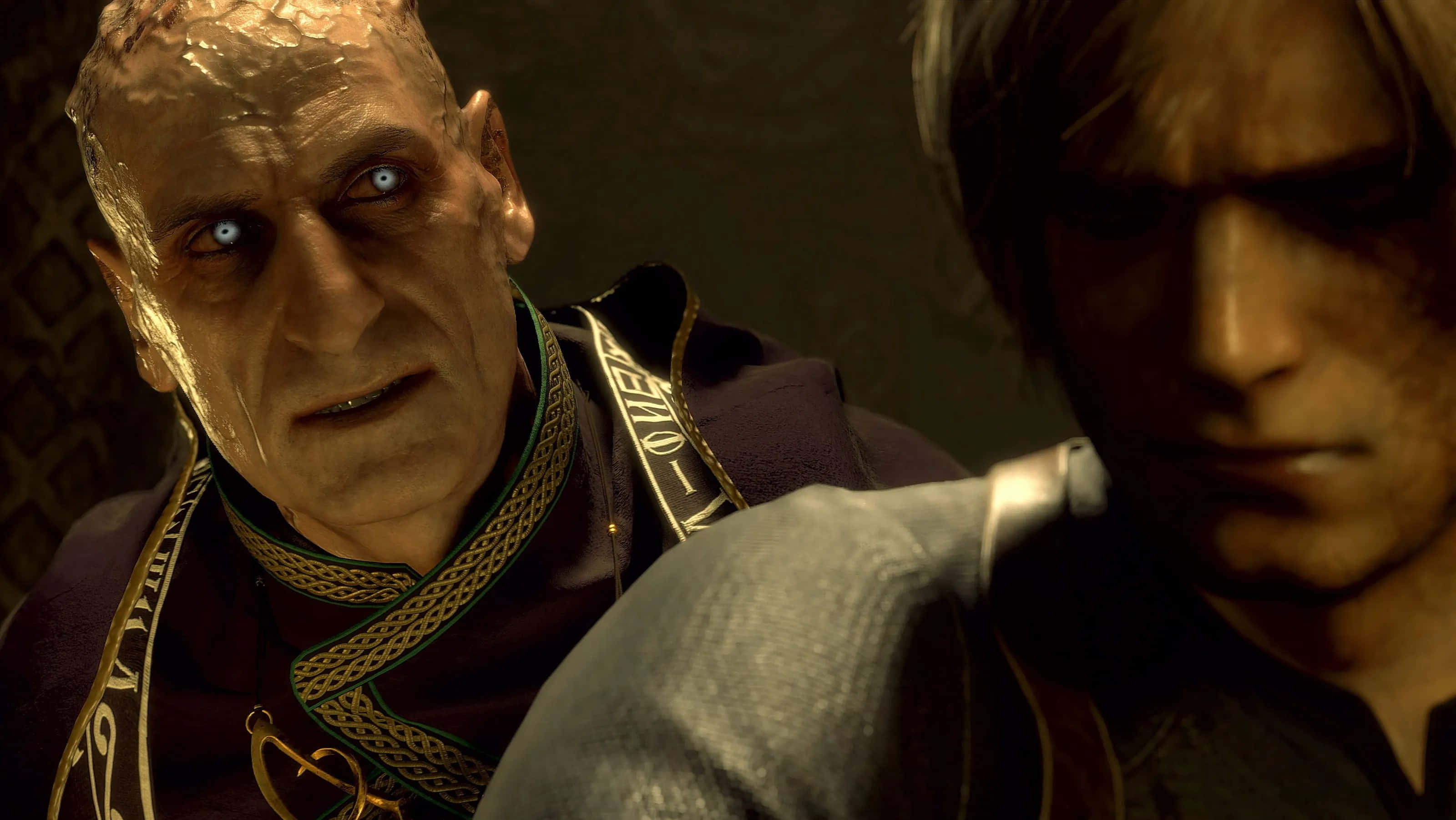 Resident Evil 4 Remake, glowing blue eyes, ornate robes, 2K Desktop Wallpaper