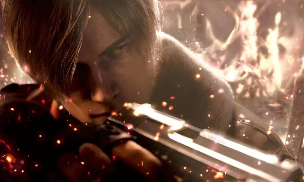 Resident Evil 4 Remake, glowing silver gun, fiery sparks, SD Desktop Wallpaper
