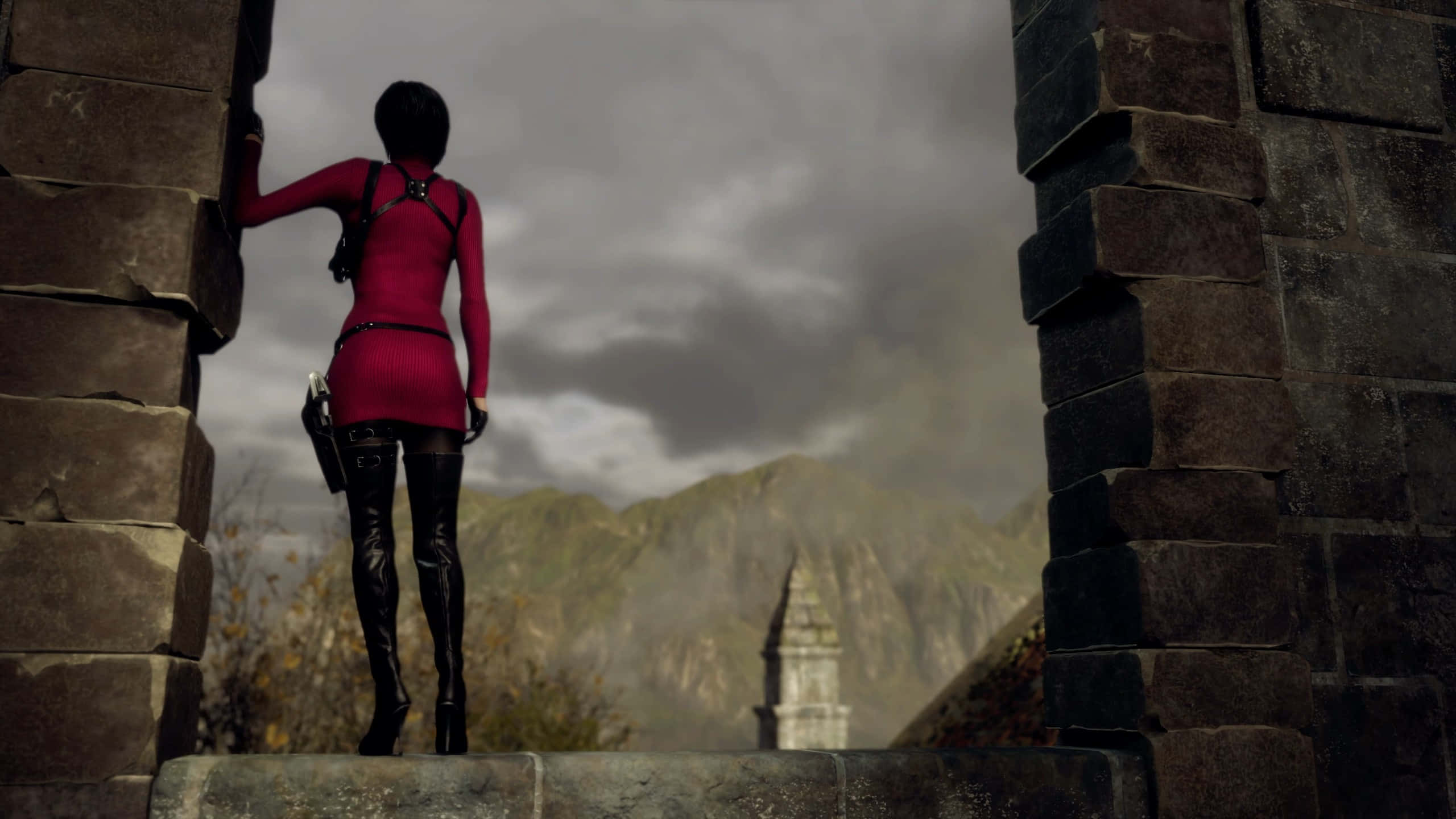 Resident Evil 4 Remake, red dress, stone ruins, 2K Desktop Wallpaper