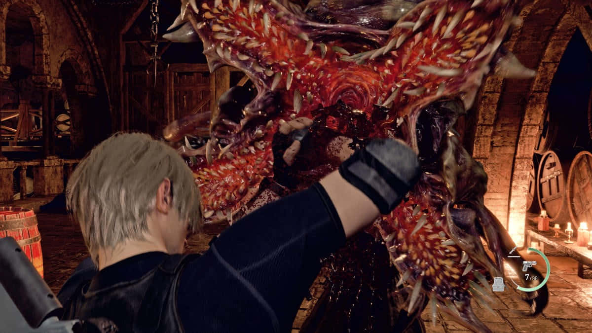 Resident Evil 4 Remake, dark dungeon, grotesque red and black spiked monster, SD Desktop Wallpaper