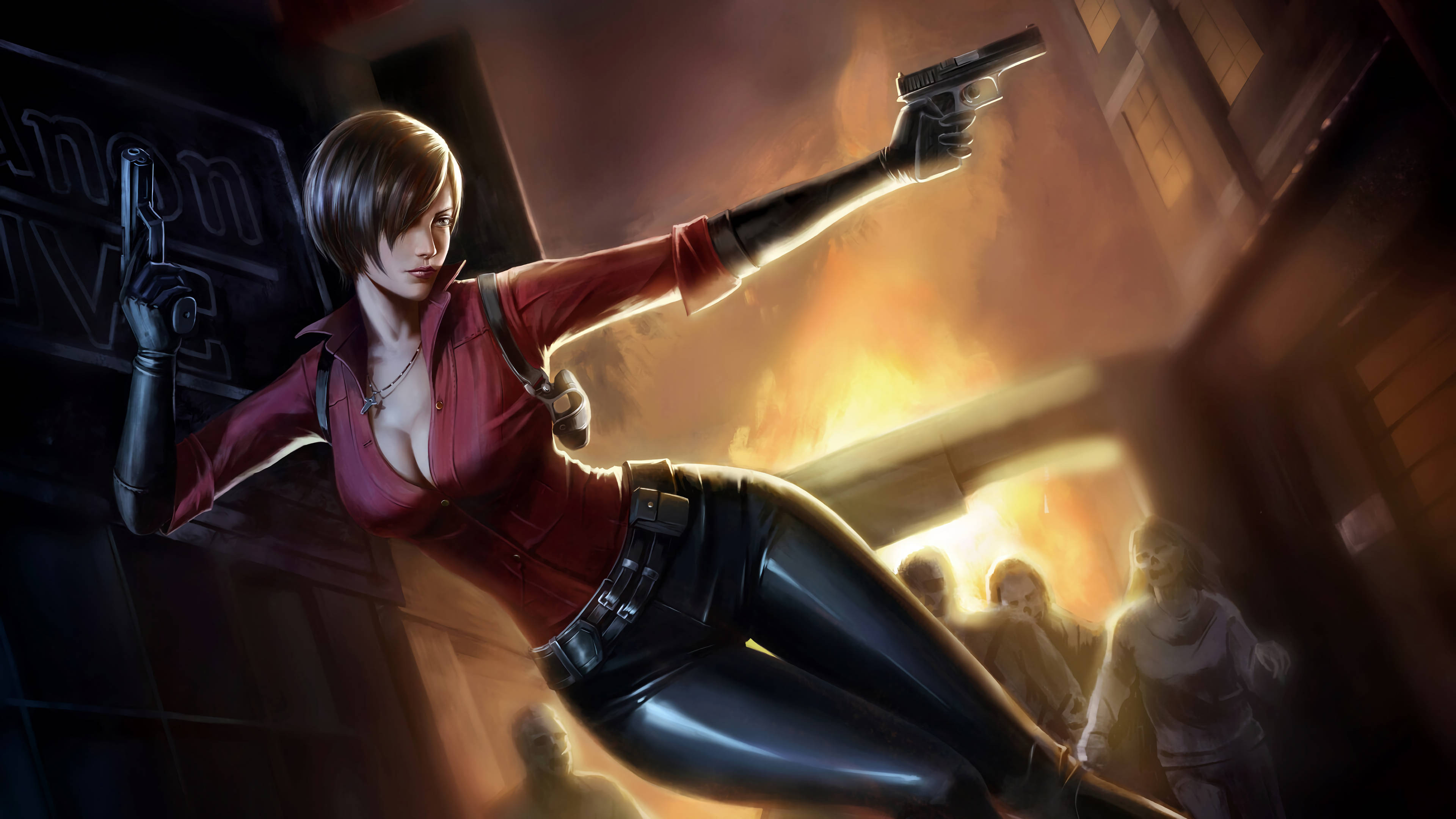 Resident Evil, female action hero, red shirt, 4K Desktop Wallpaper