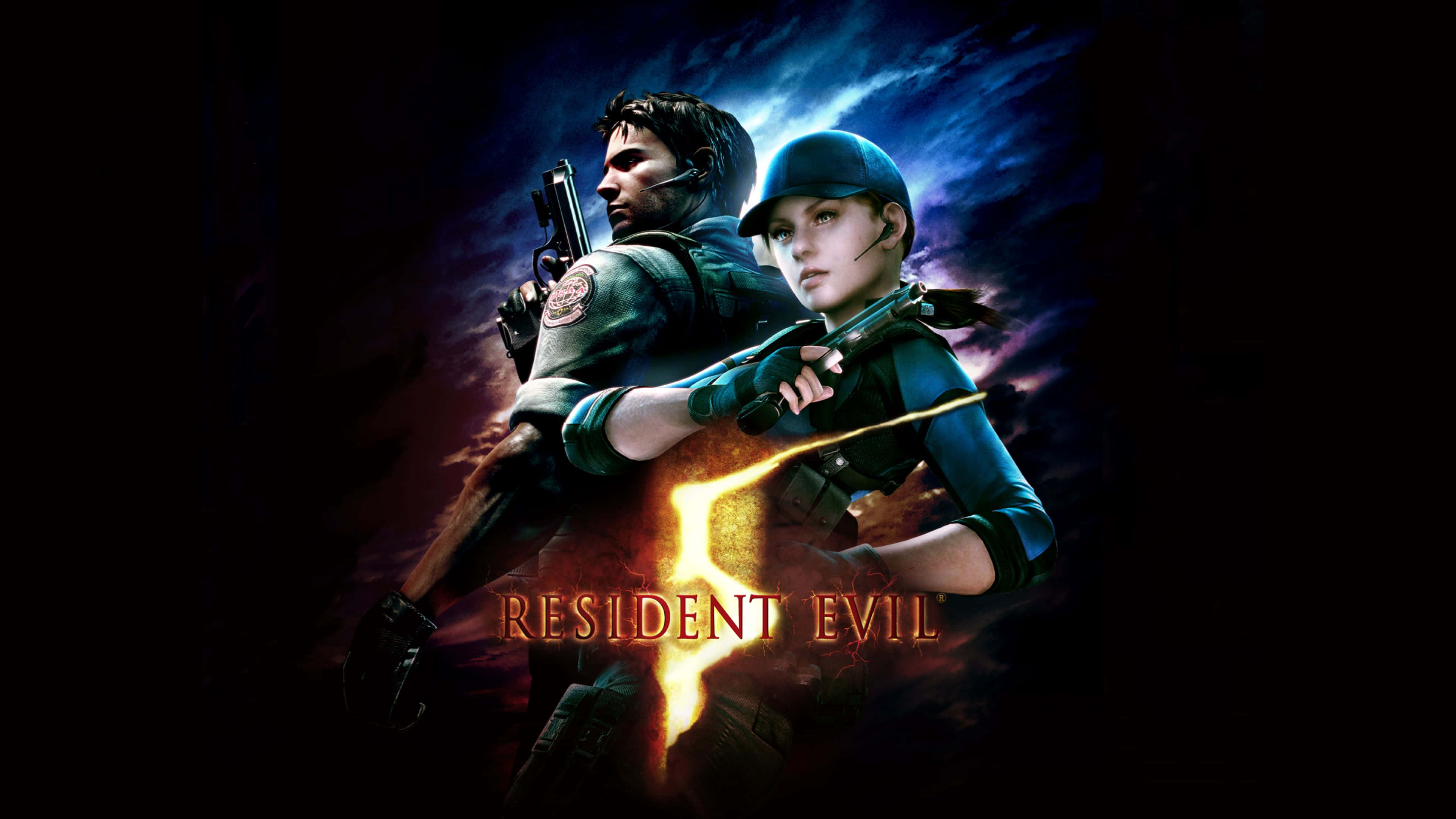 Resident Evil 5, two main characters, dark stormy sky, 4K Desktop Wallpaper
