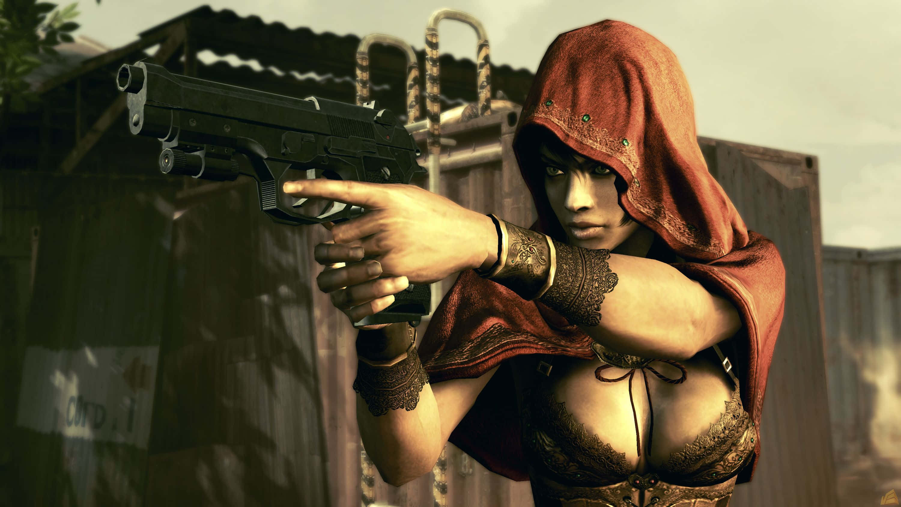 Resident Evil 5, hooded woman in red, pistol, 2K Desktop Wallpaper