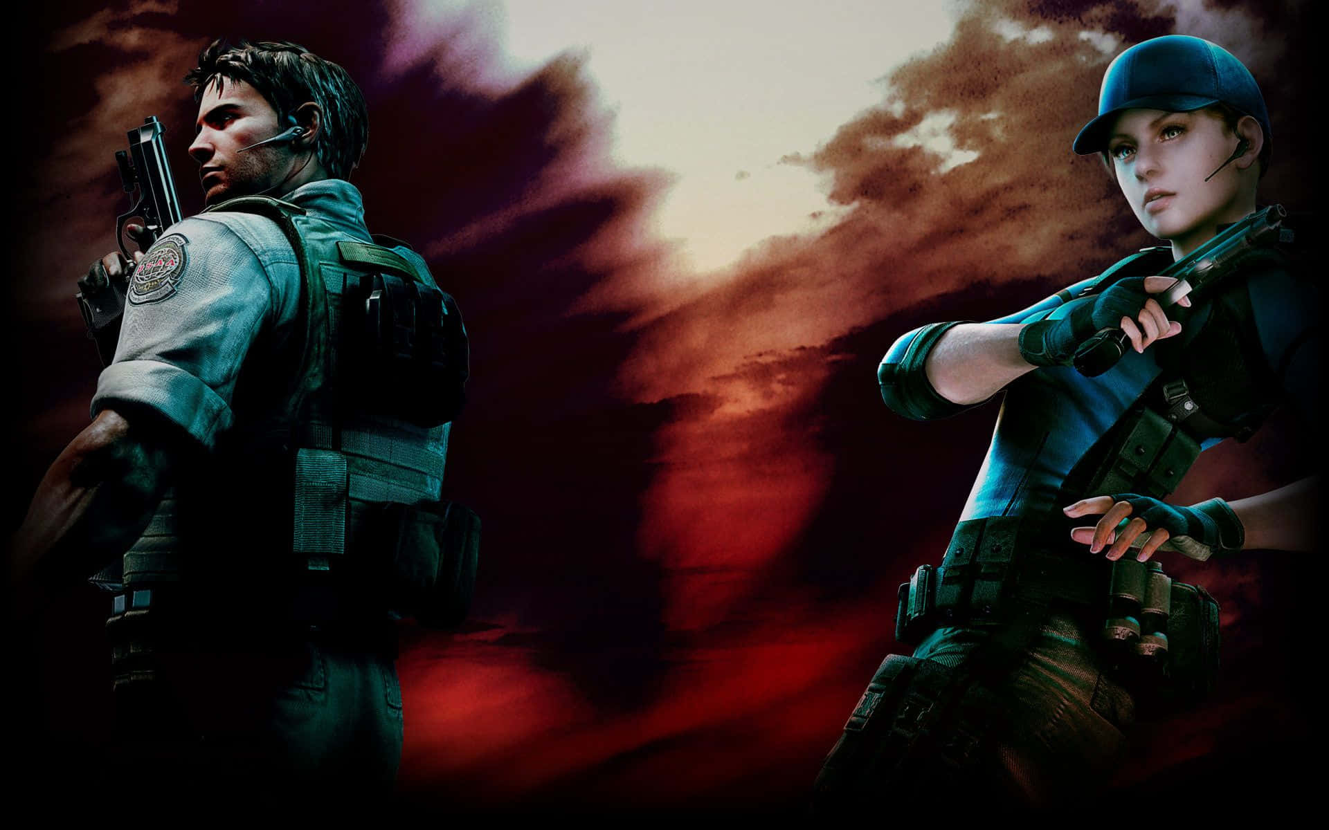 Resident Evil 5, tactical gear, fiery red and orange sky, Full HD Desktop Wallpaper