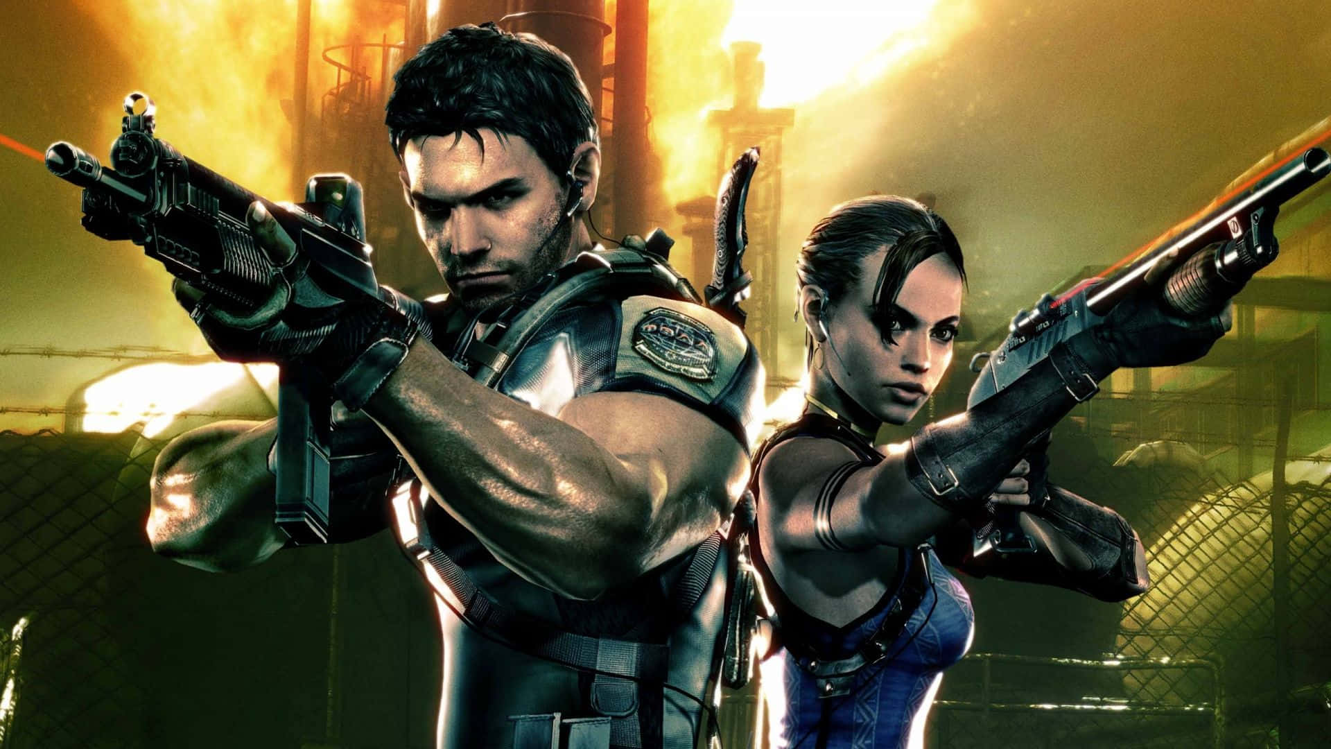 Resident Evil 5, two armed protagonists, fiery industrial setting, Full HD Desktop Wallpaper