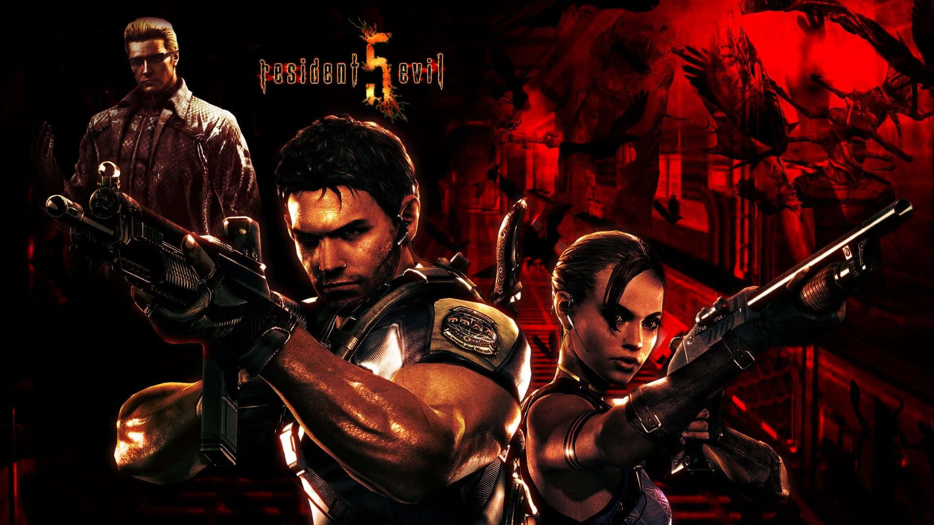 Resident Evil 5, three armed survivors, dark red-lit environment, Full HD Desktop Wallpaper